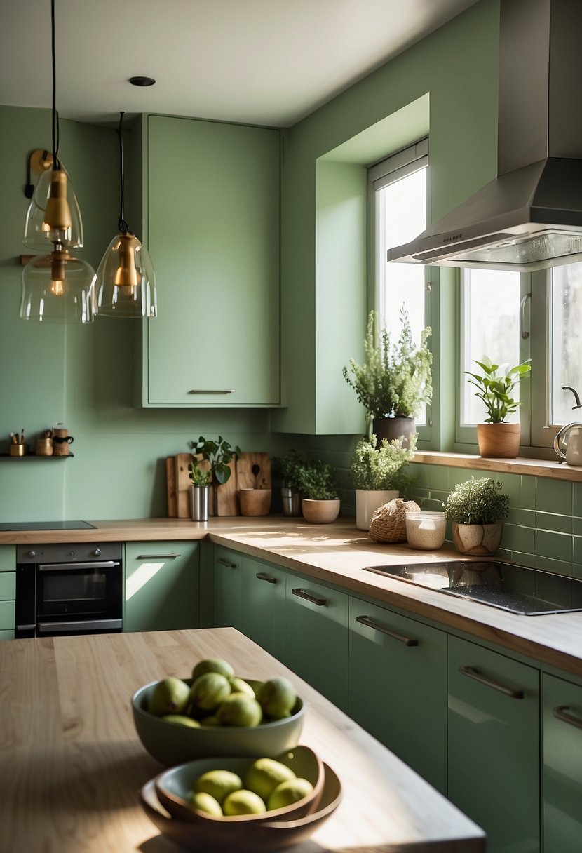 A pistachio green kitchen bathed in soft, natural light with a warm and inviting atmosphere