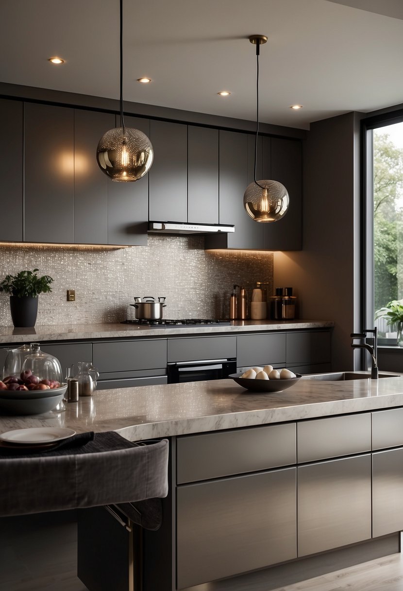 A greige kitchen with metallic accents and luxurious textures. Shimmering surfaces and glamorous materials create a sophisticated and elegant atmosphere