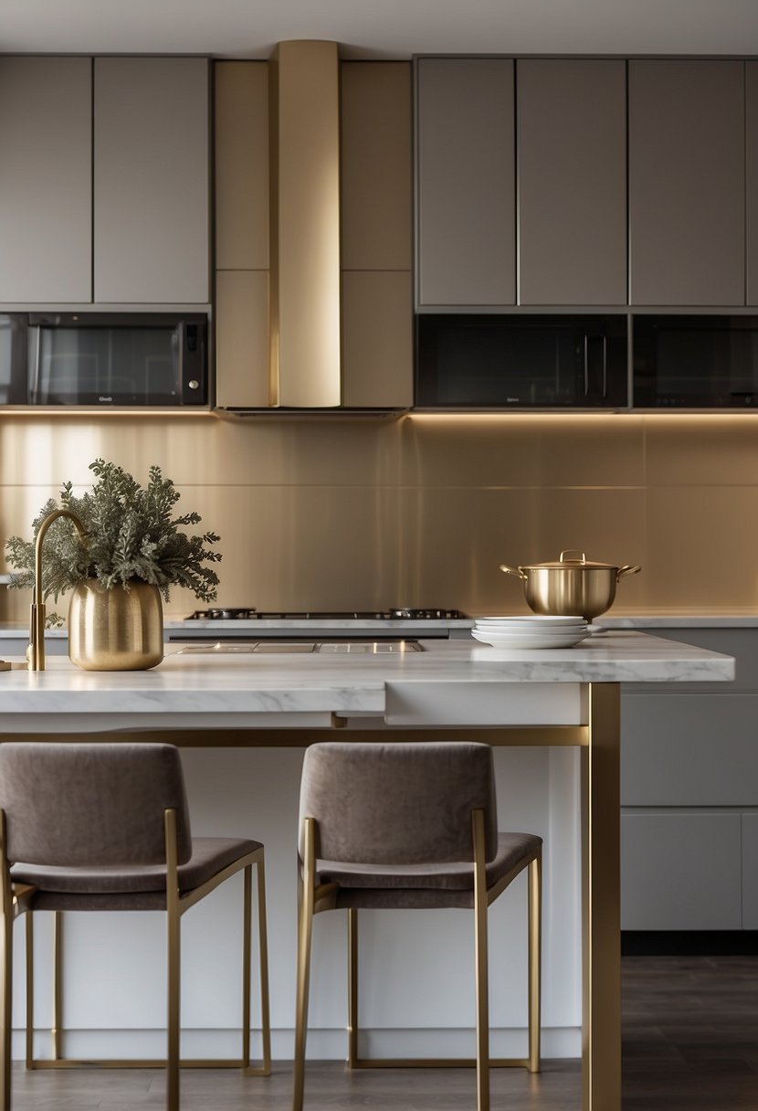 A greige kitchen with metallic accents and glam decor. Modern furniture, sleek countertops, and subtle pops of gold and silver