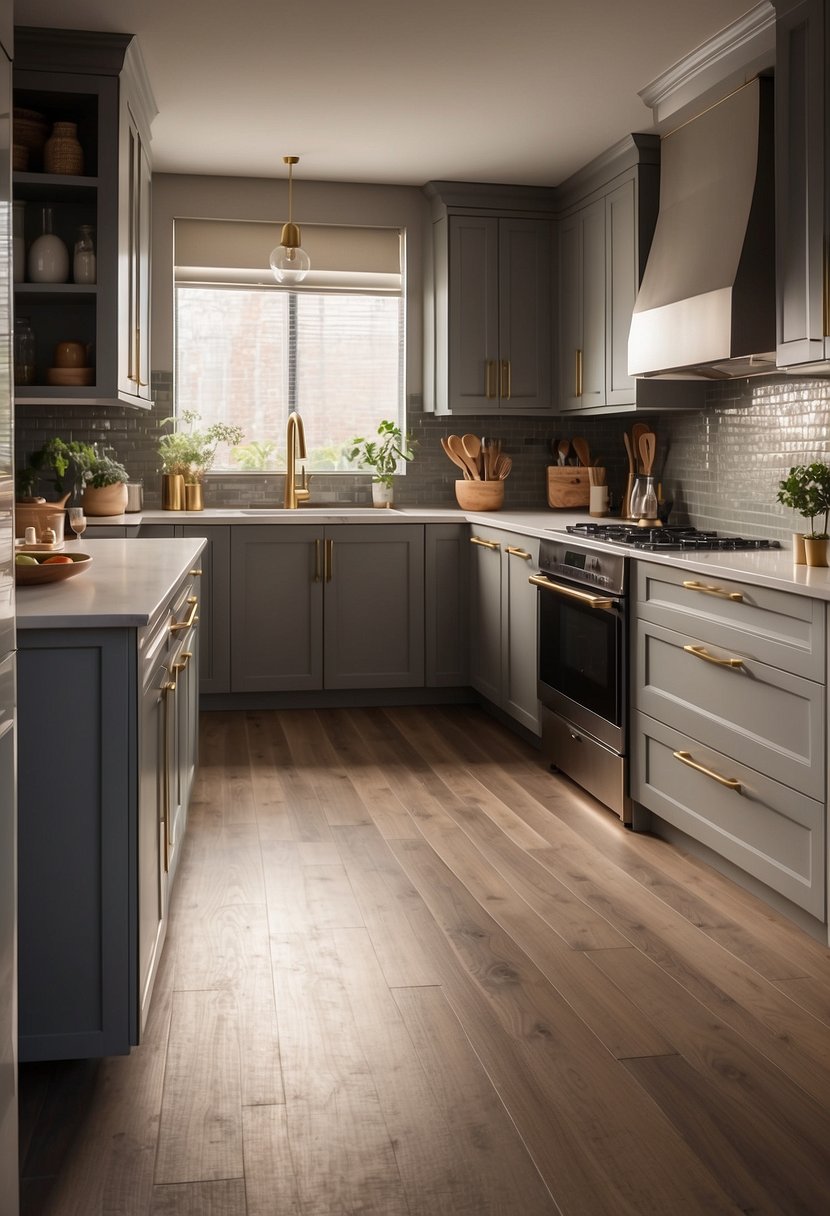 A kitchen bathed in soft, warm light with metallic accents gleaming. Glamourous greige color scheme adds sophistication