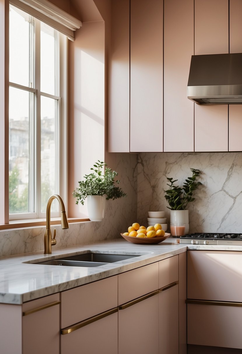 A blush beige kitchen with modern cabinets, marble countertops, and stainless steel appliances. A large window lets in natural light, illuminating the space