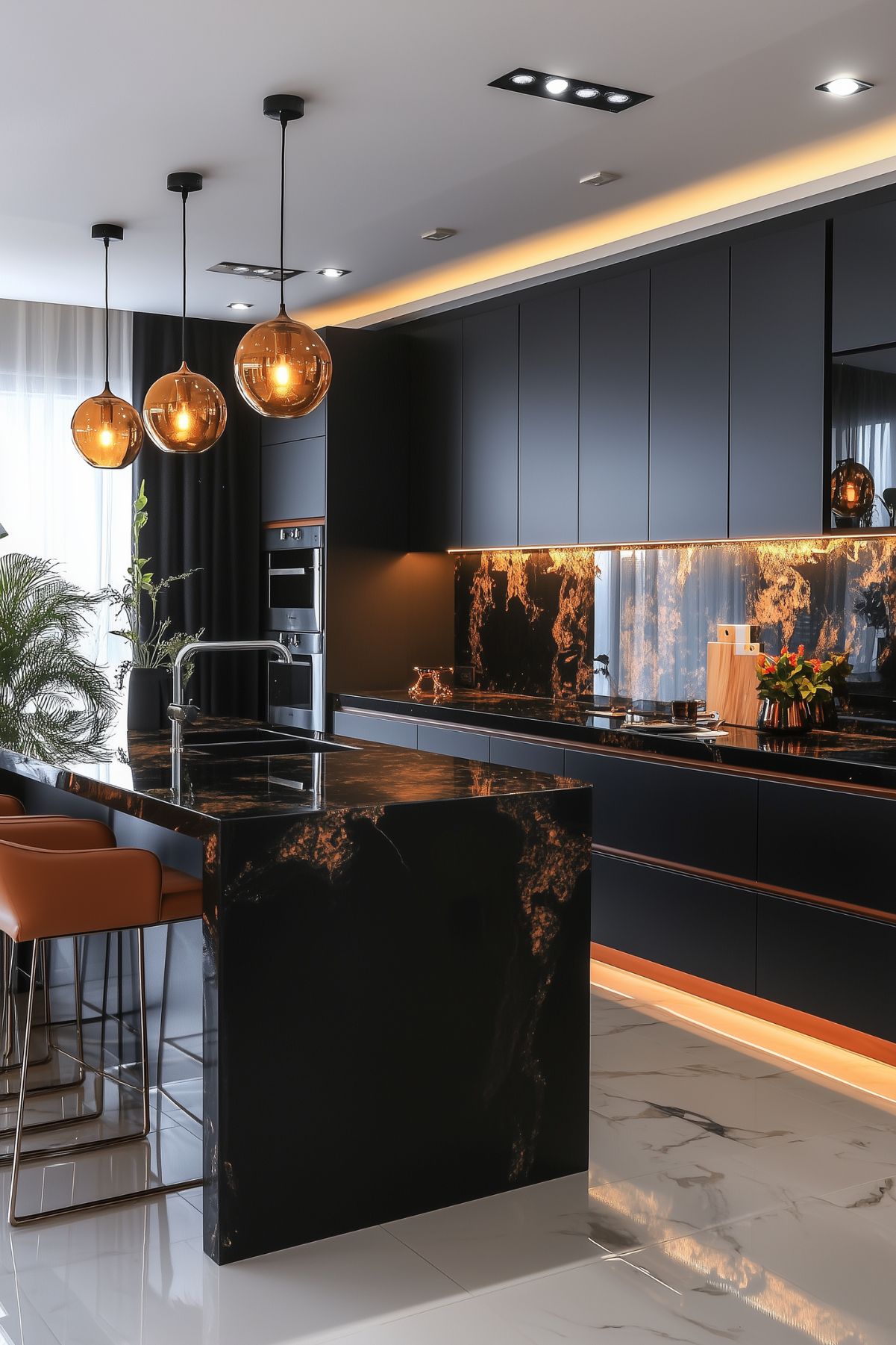 A black kitchen with black kitchen cabinets, and a black island.