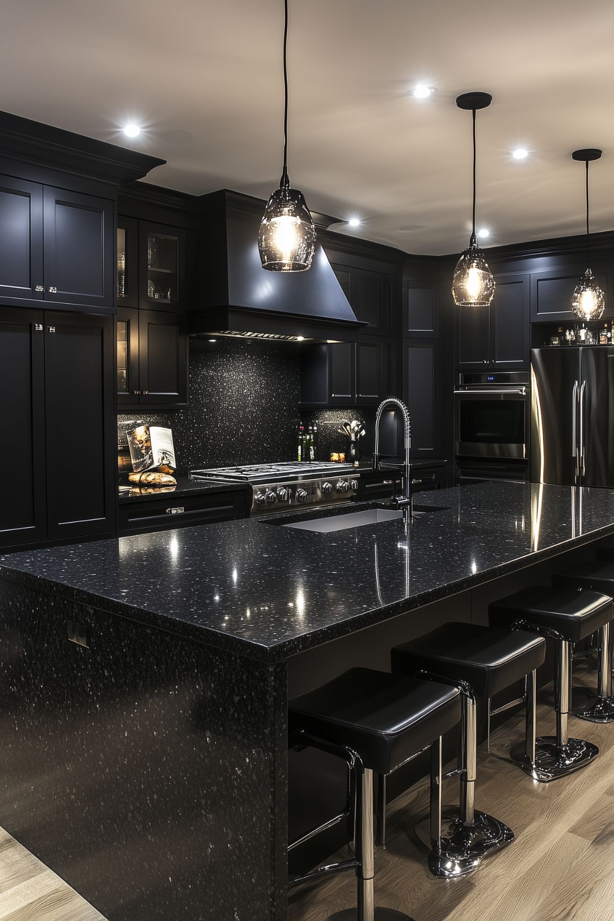 A black kitchen with an island and barstools.