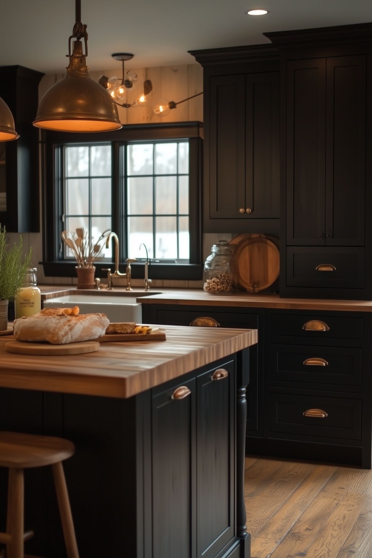 A black kitchen with an island.