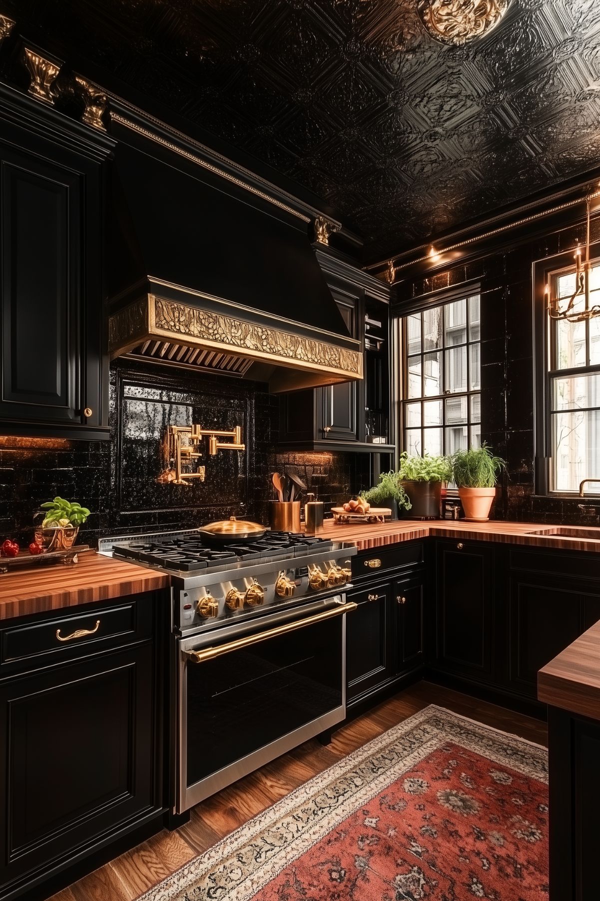 A moody black kitchen with a red rug.