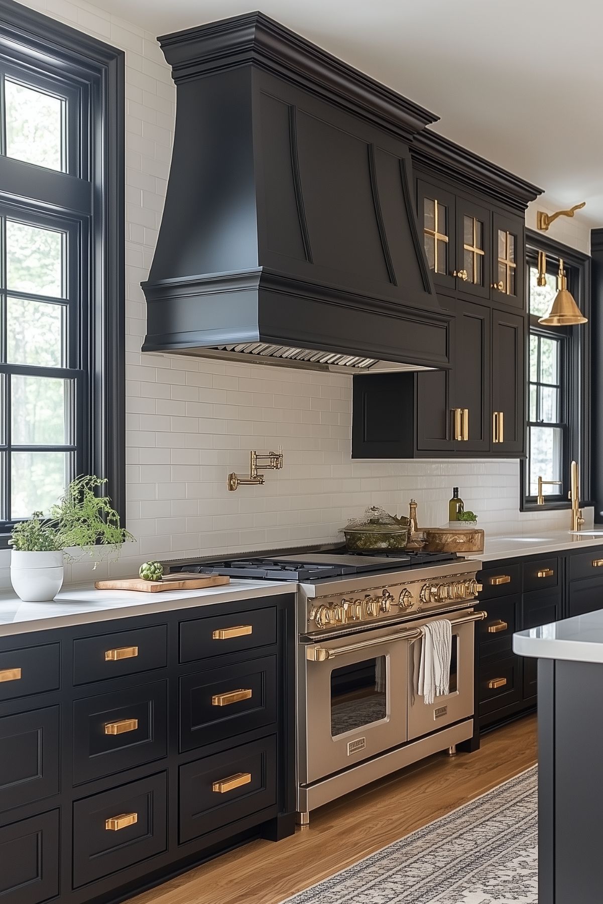 A white kitchen with black cabinets.