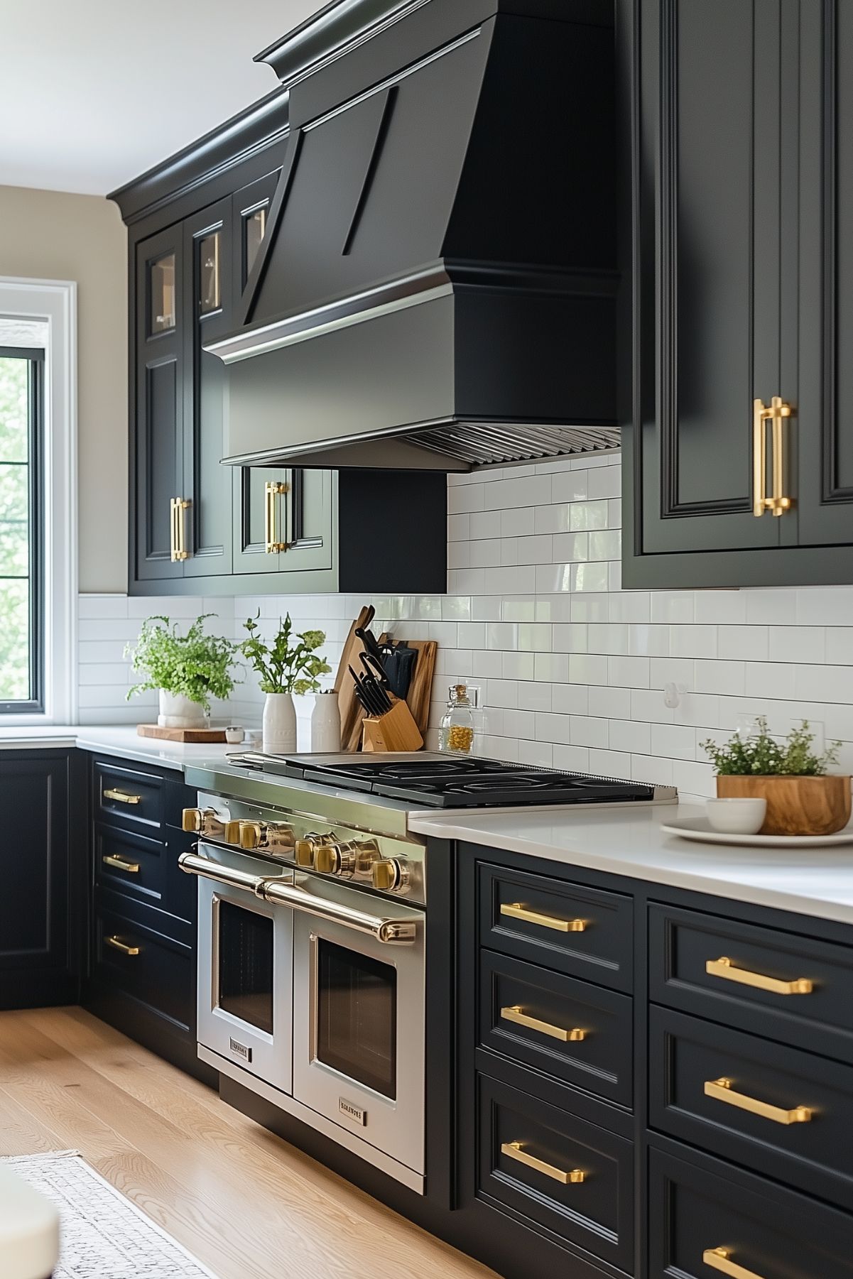 A kitchen with white tile backsplash and black cabinets.