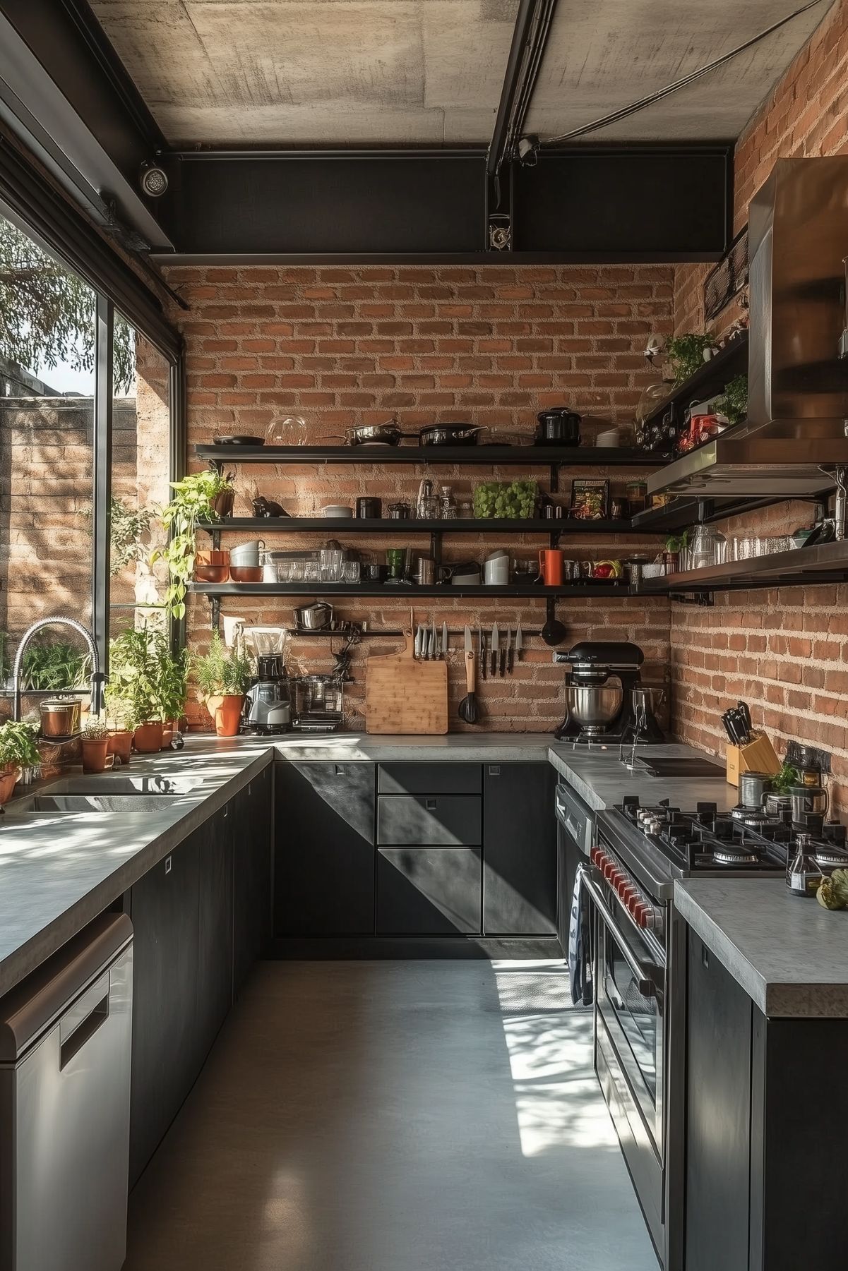 A kitchen with brick walls, open shelving, and black cabinets.