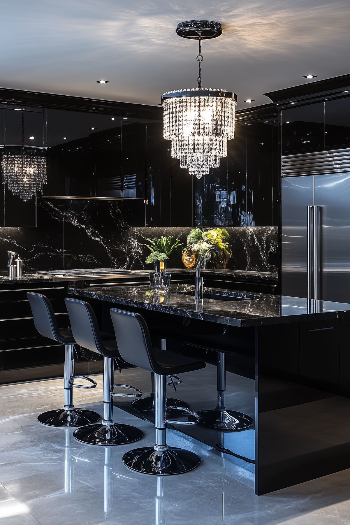 A black glam kitchen with a crystal light.