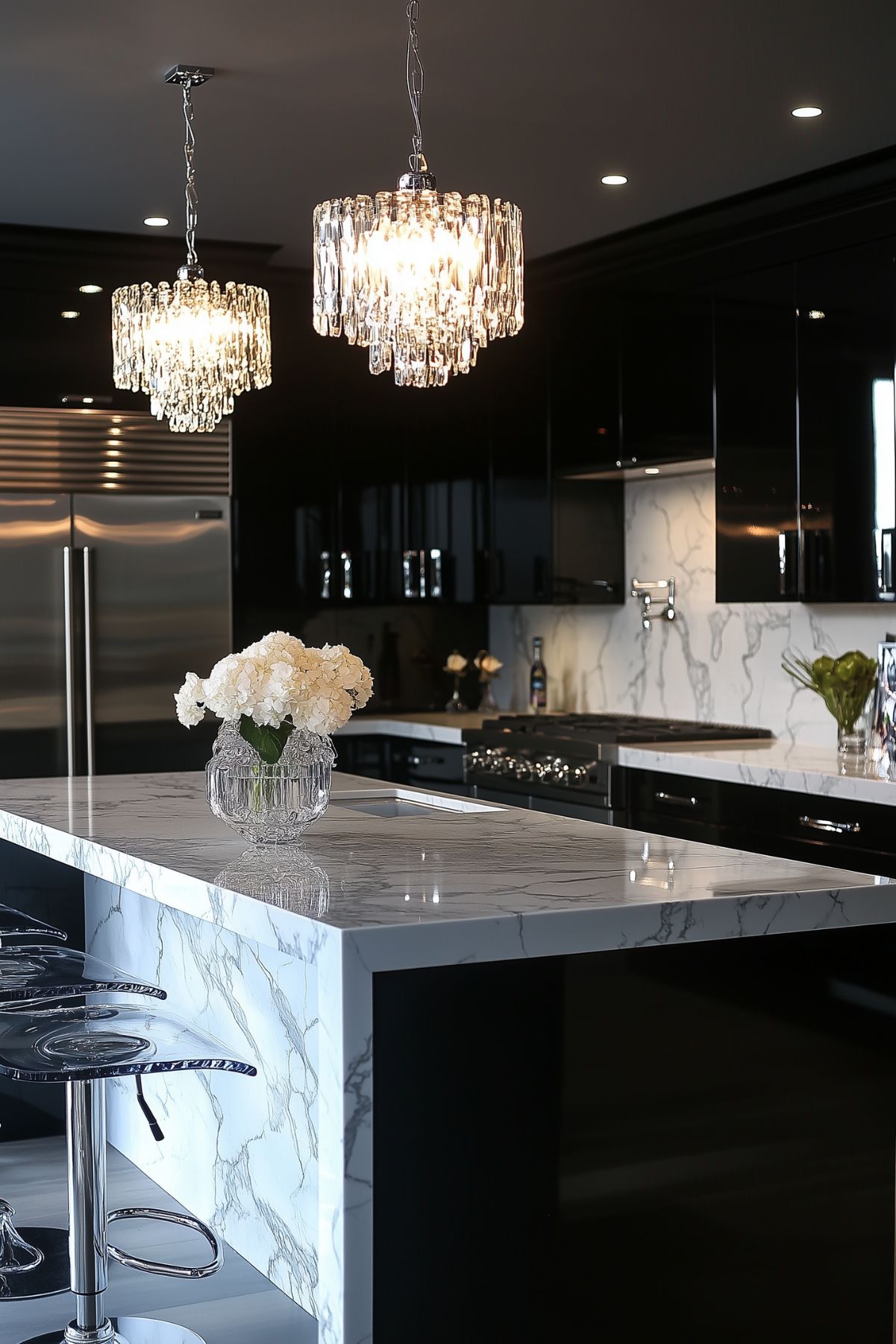 A black kitchen with a marble topped island and 2 crystal pendant lights.