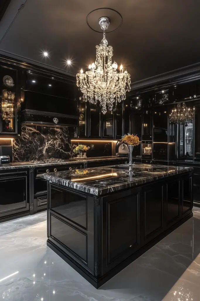 A black kitchen with a white floor.