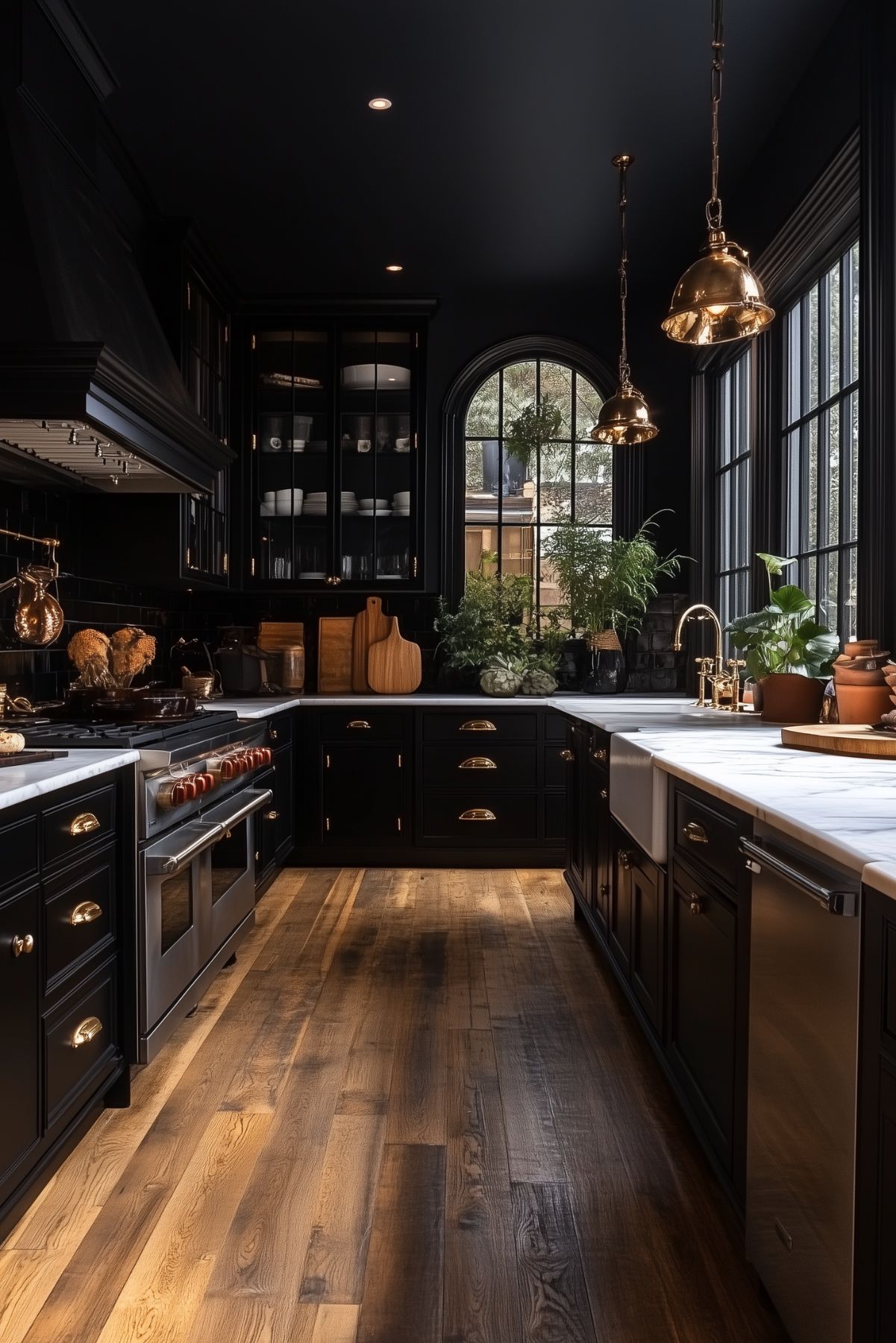 A moody black kitchen.