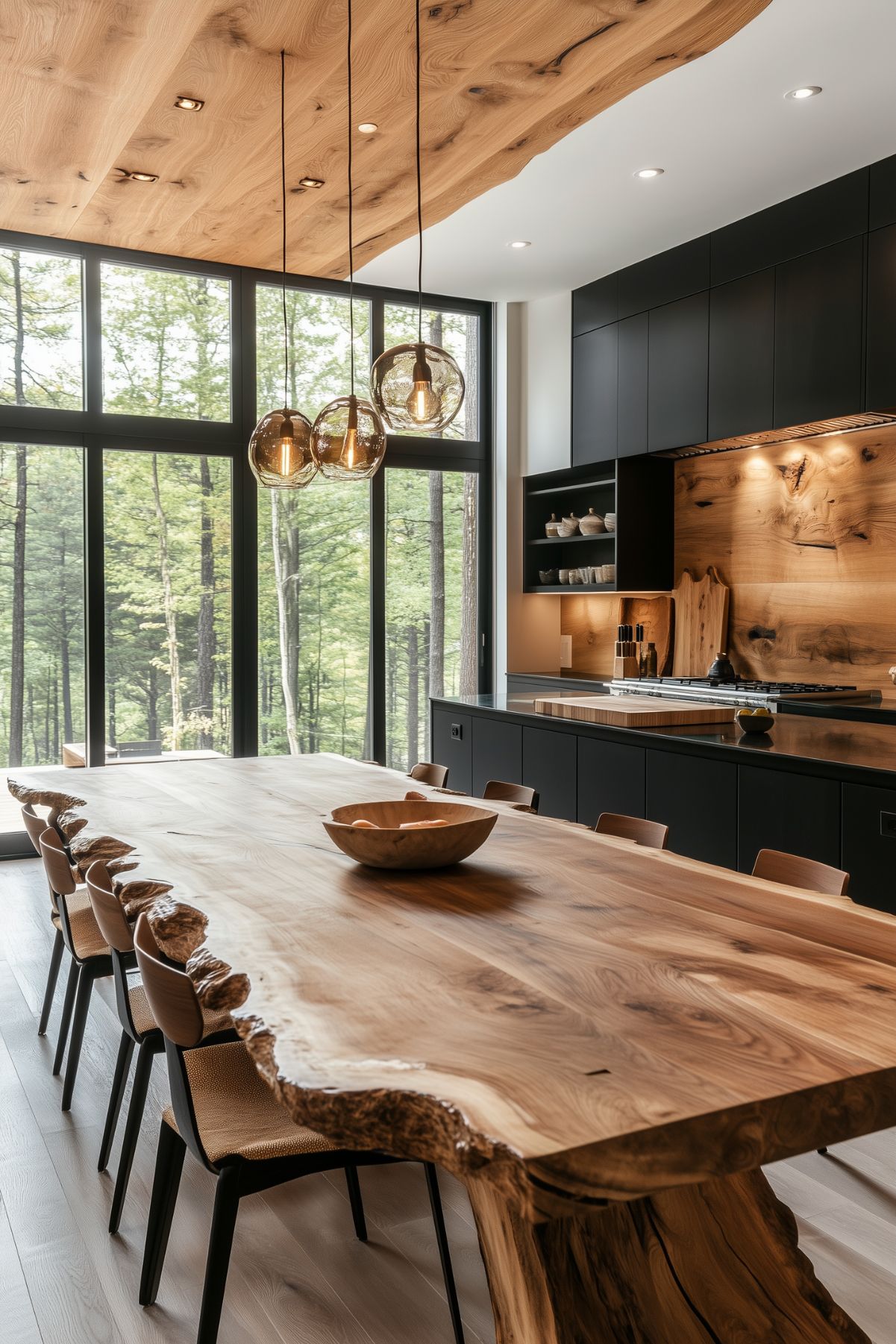 A white kitchen with black cabinets, a wooden topped island, and a light ceiling.