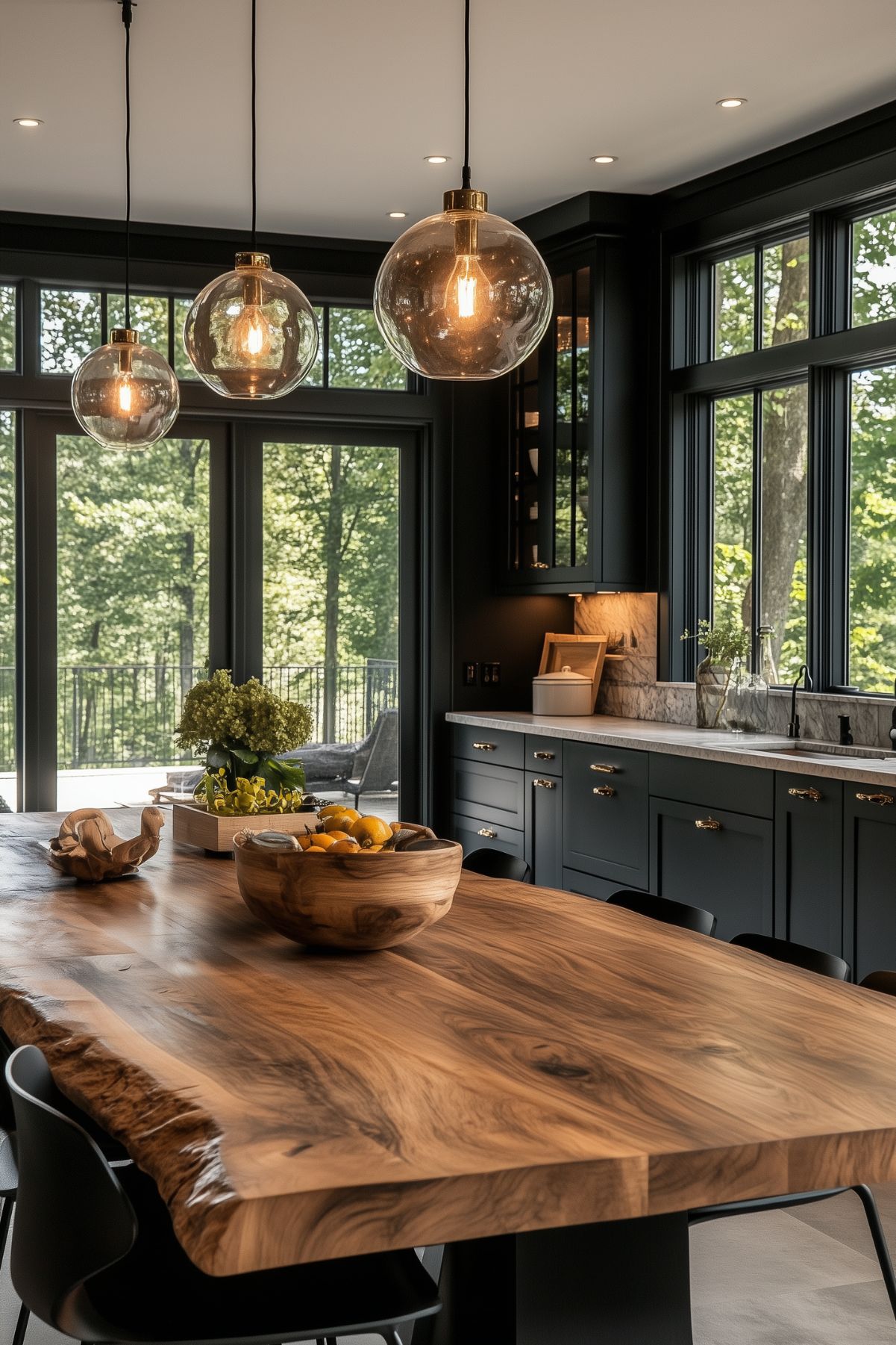 A kitchen with large windows, black cabinets, a wood top island, and globe pendant lights.