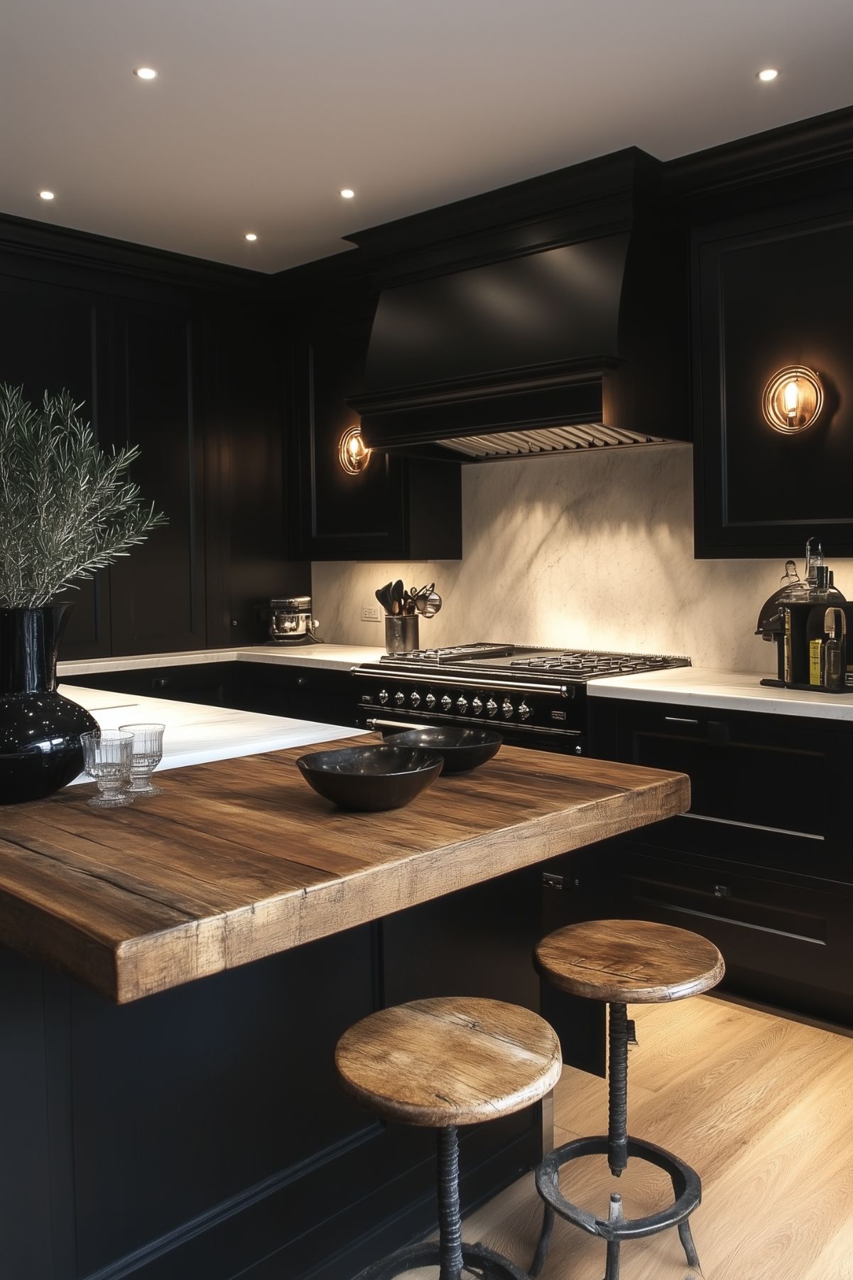 A black kitchen with an island that has a wooden top, and wooden barstools.