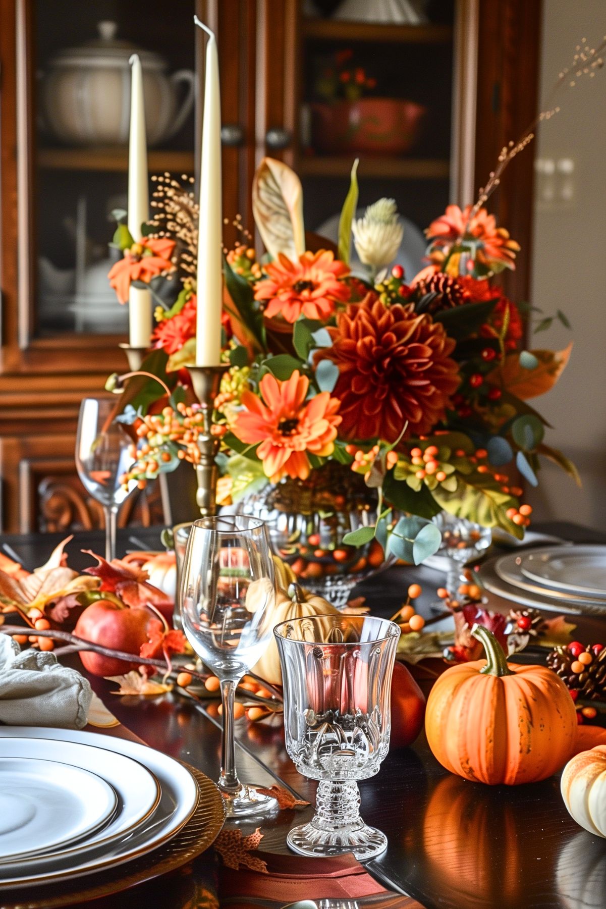 A table set with a Fall theme, a large floral centerpiece..