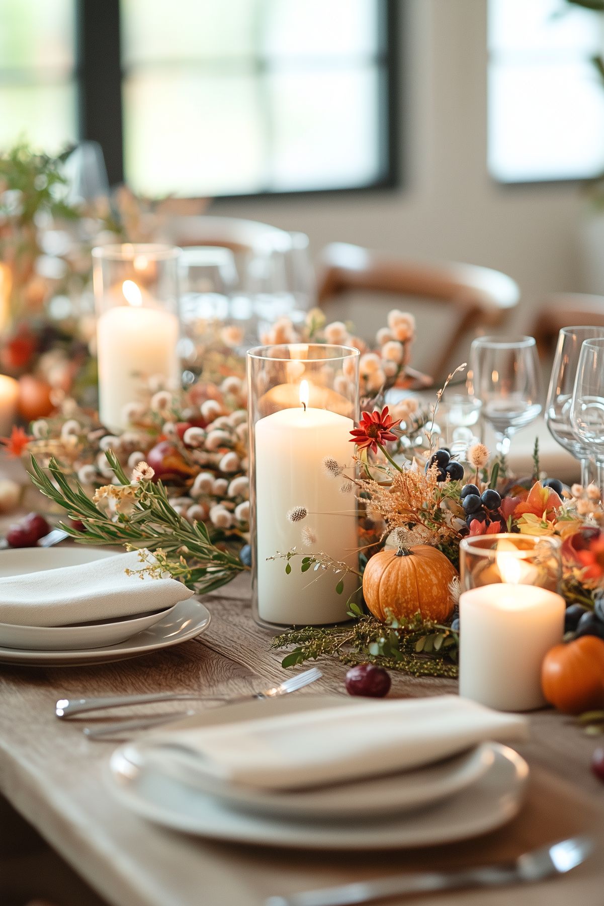 A rustic wooden table set with white plates, white candles in clear glass vases, and Fall themed centerpiece.