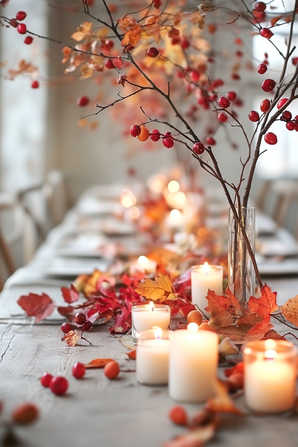 A table centerpiece of candles, Fall leaves, and a vase of fall tree branches.