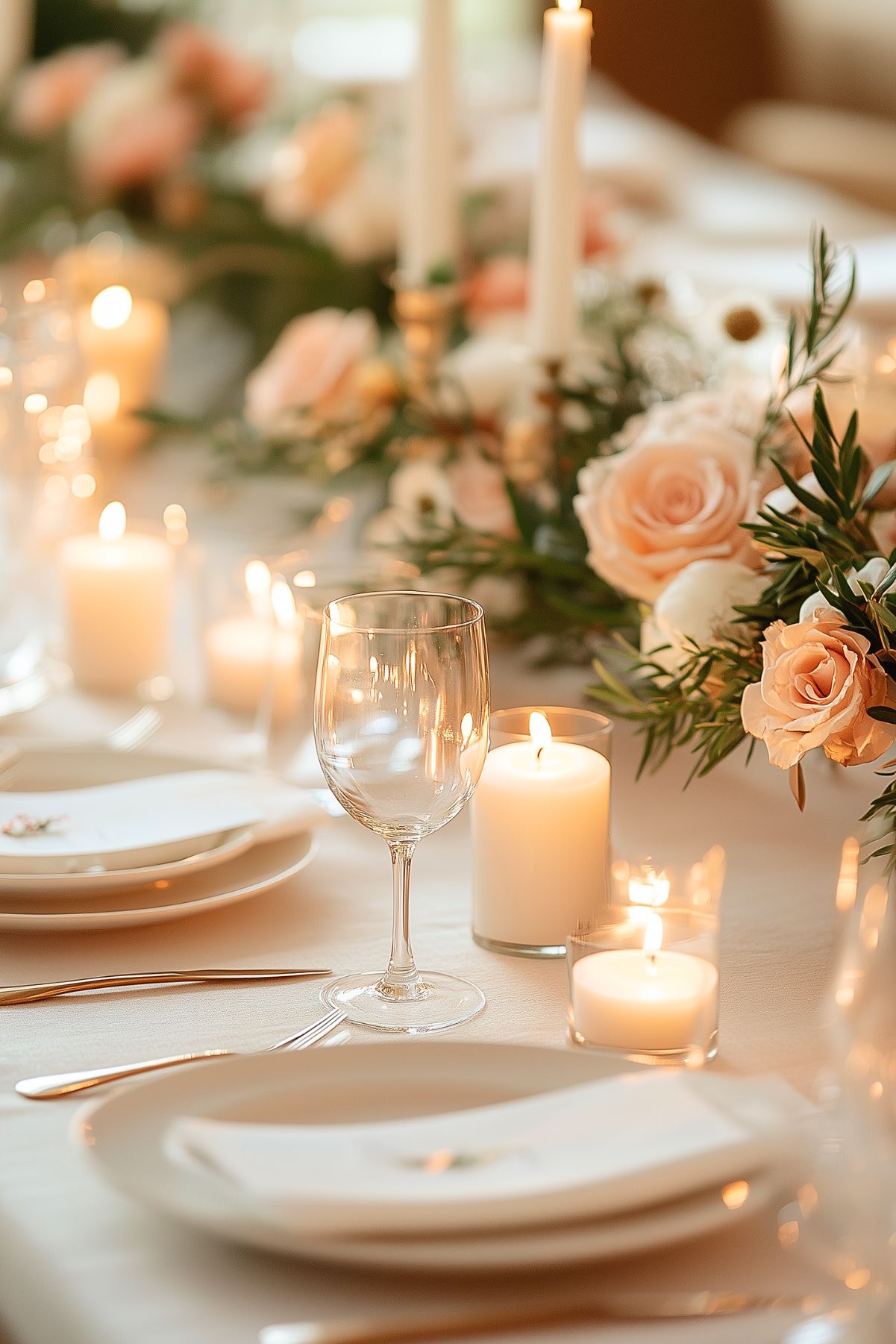 An elegant table set with cream colored plates, napkins, candles, and peach roses.