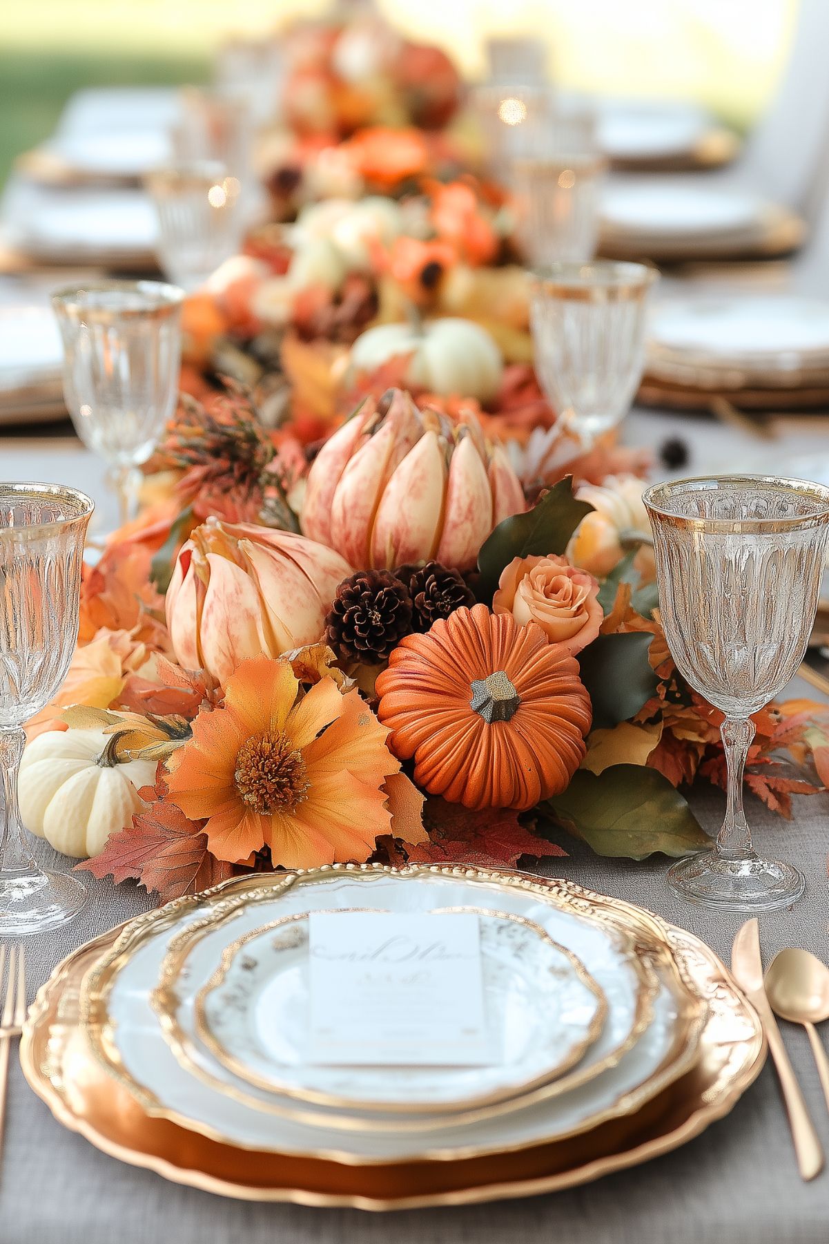 A long table set with gold rimmed plates, gold flatware, and a Fall themed centerpiece that runs the length of the table.