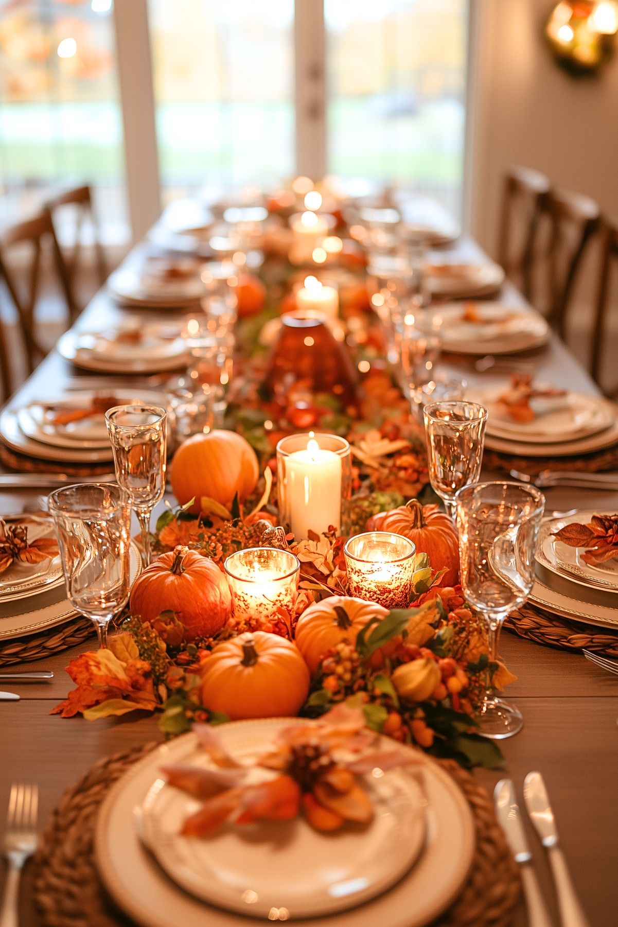 A classic Thanksgiving table with a centerpiece the length of the table with candles and pumpkins.