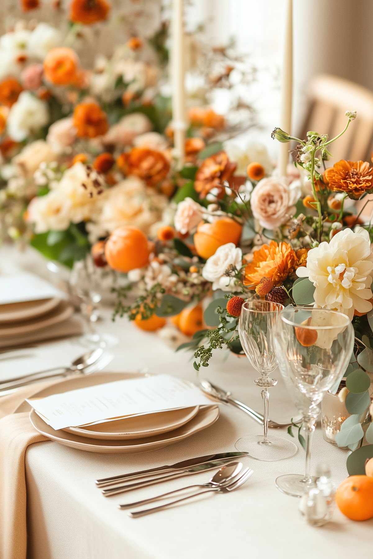 An elegant table set with cream tablecloth and plates. Orange flowers as a centerpiece.