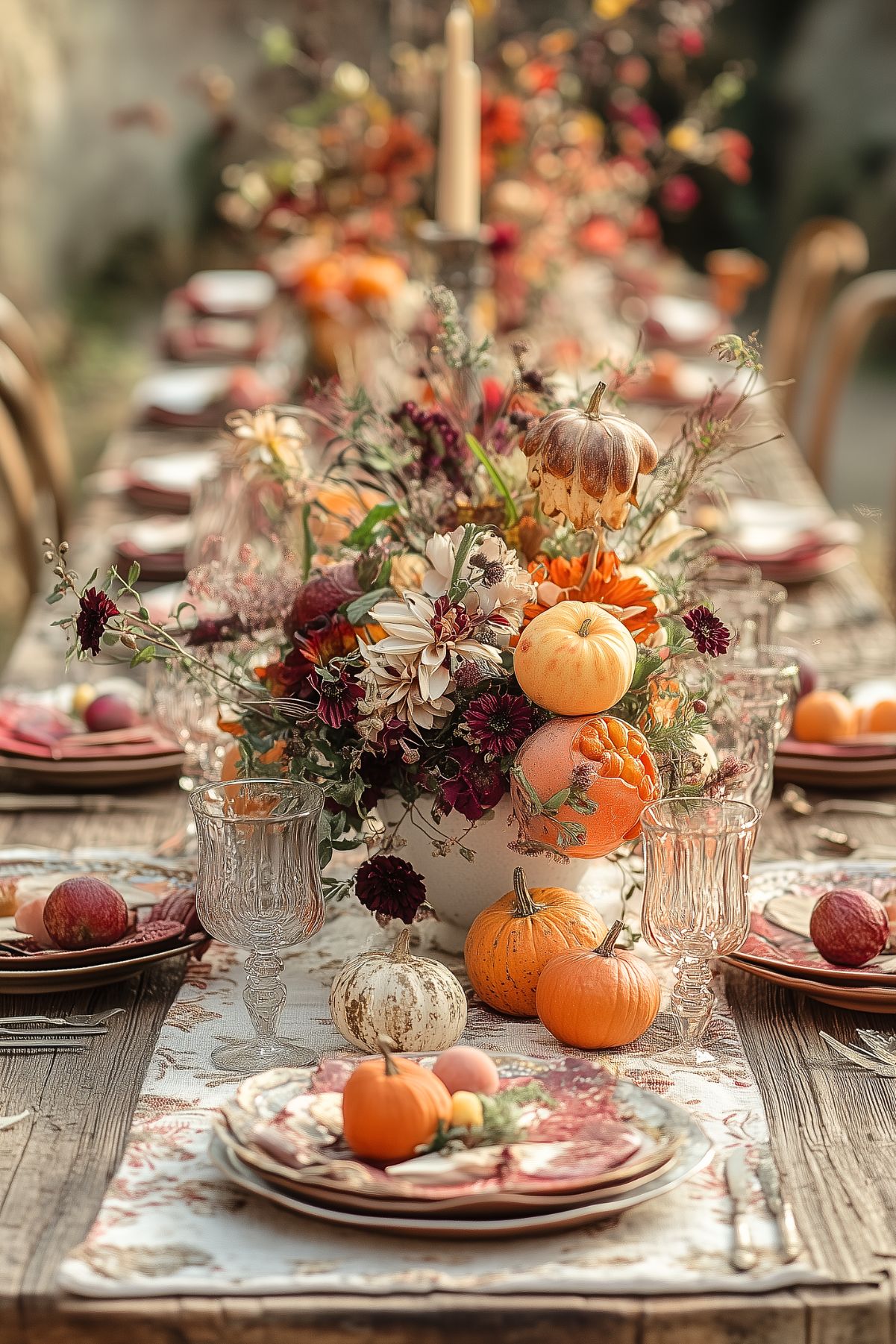 A rustic wooden table set with cottagecore plates and table runner with a Fall vase filled with Fall flowers and pumpkins.