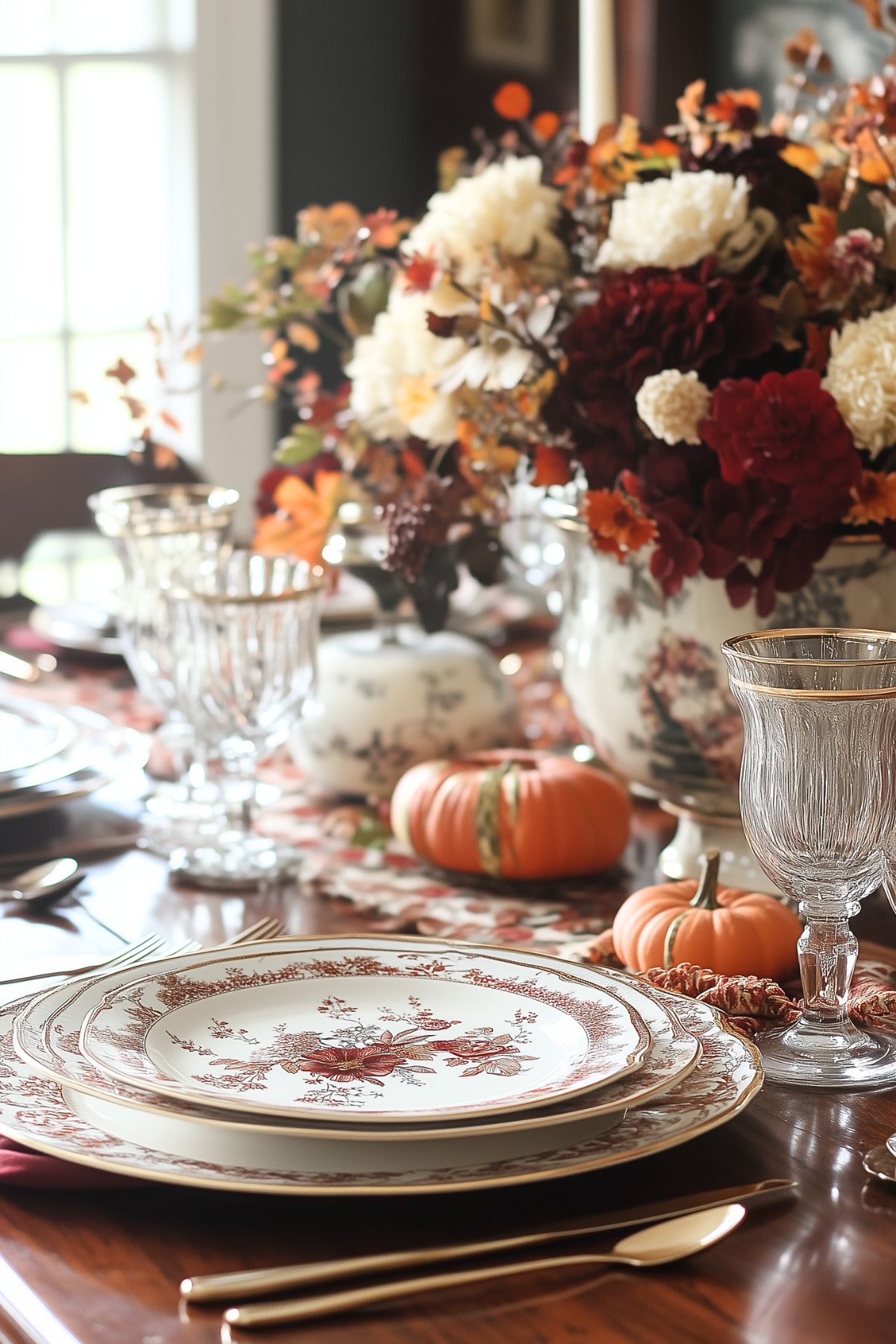 A table set with vintage plates with muted red pattern.