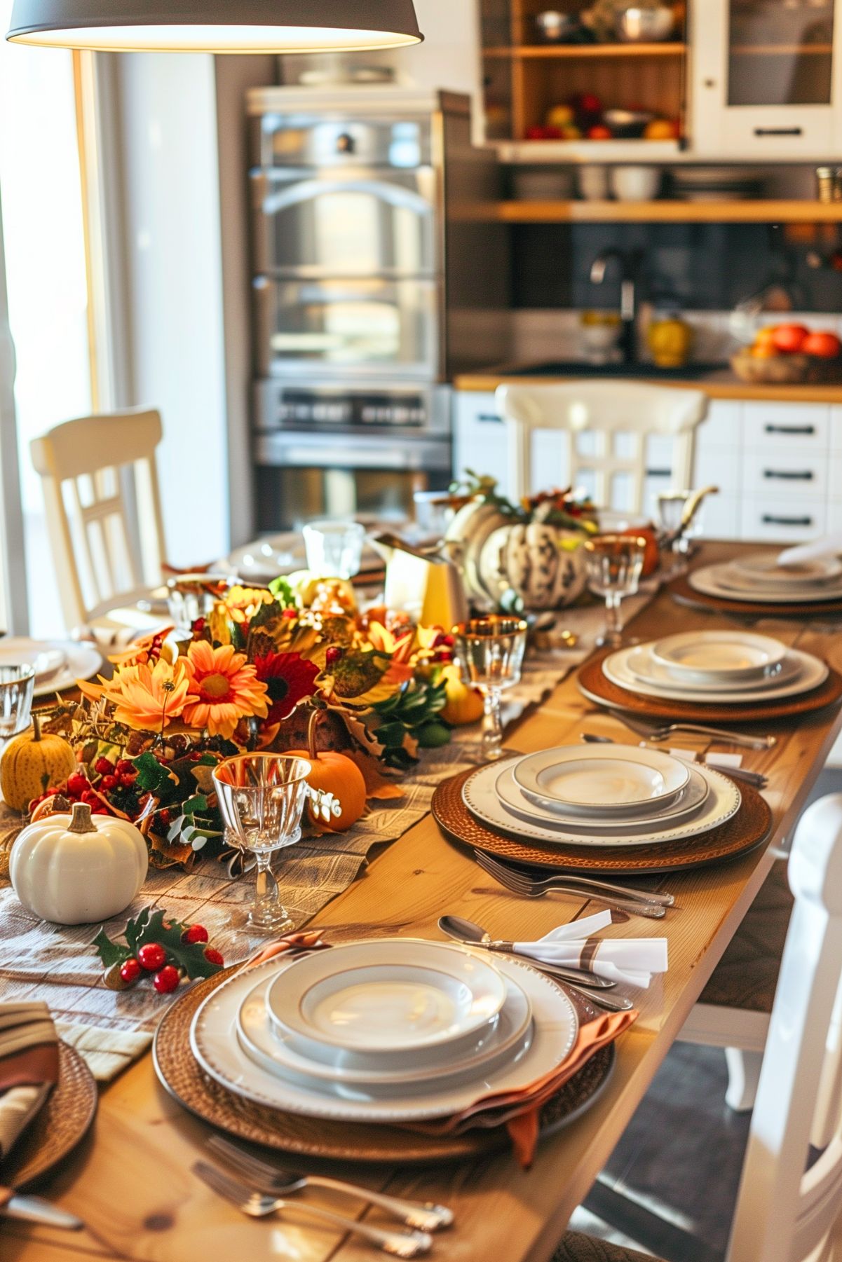 A Thanksgiving table set with a Fall centerpiece.