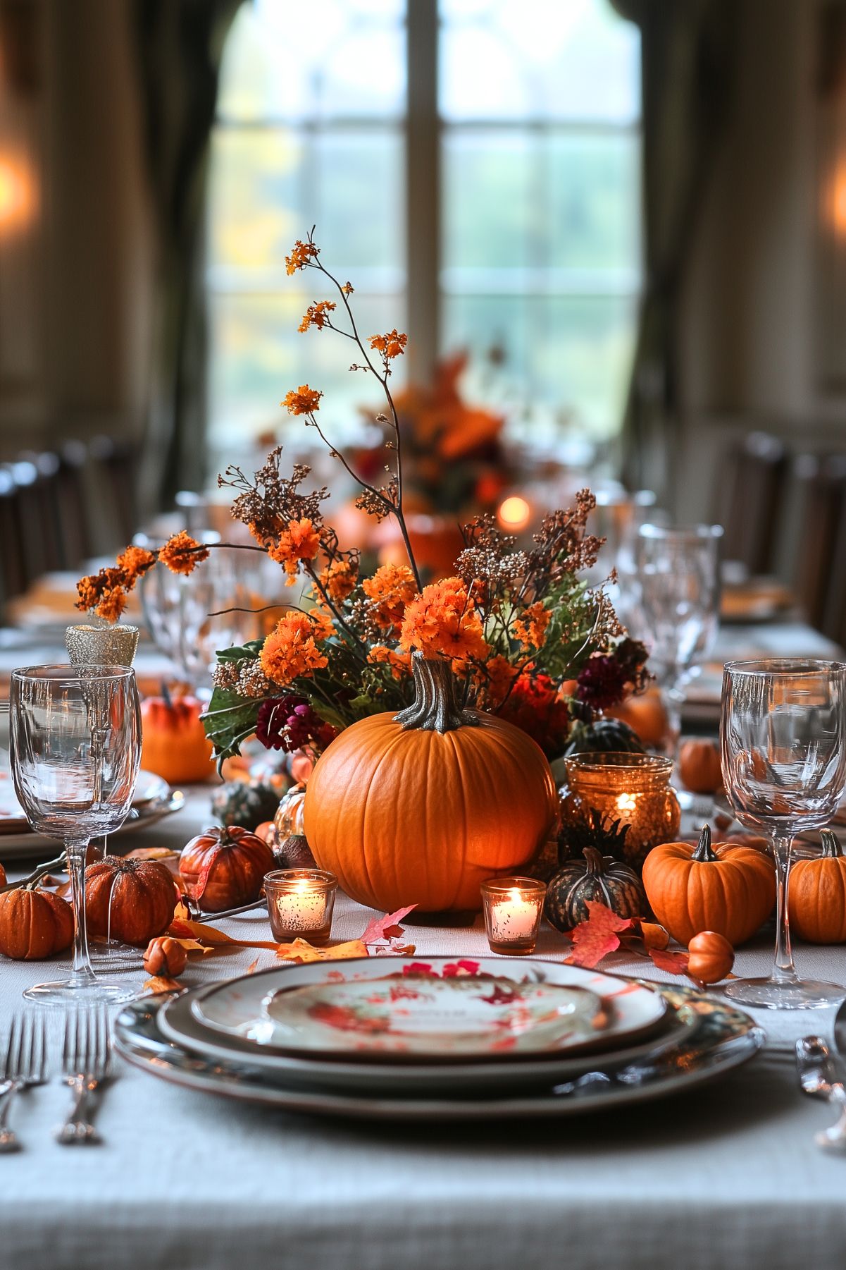 A table set for Fall with colorful plates, and a centerpiece of pumpkins and flowers.