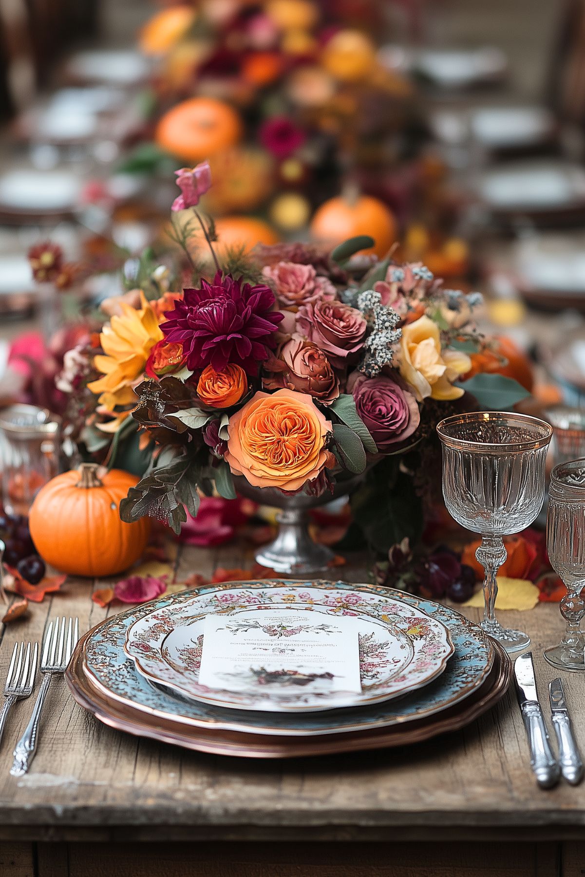 A long rustic wooden table set with vintage plates, and a Fall colored centerpiece.