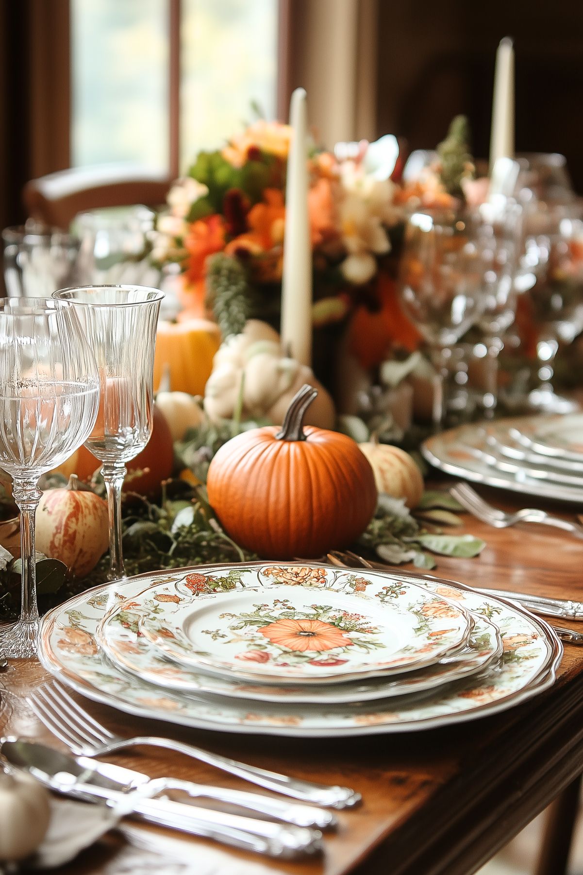 A Fall table set with vintage pumpkin plates, and a centerpiece of pumpkins and candles.