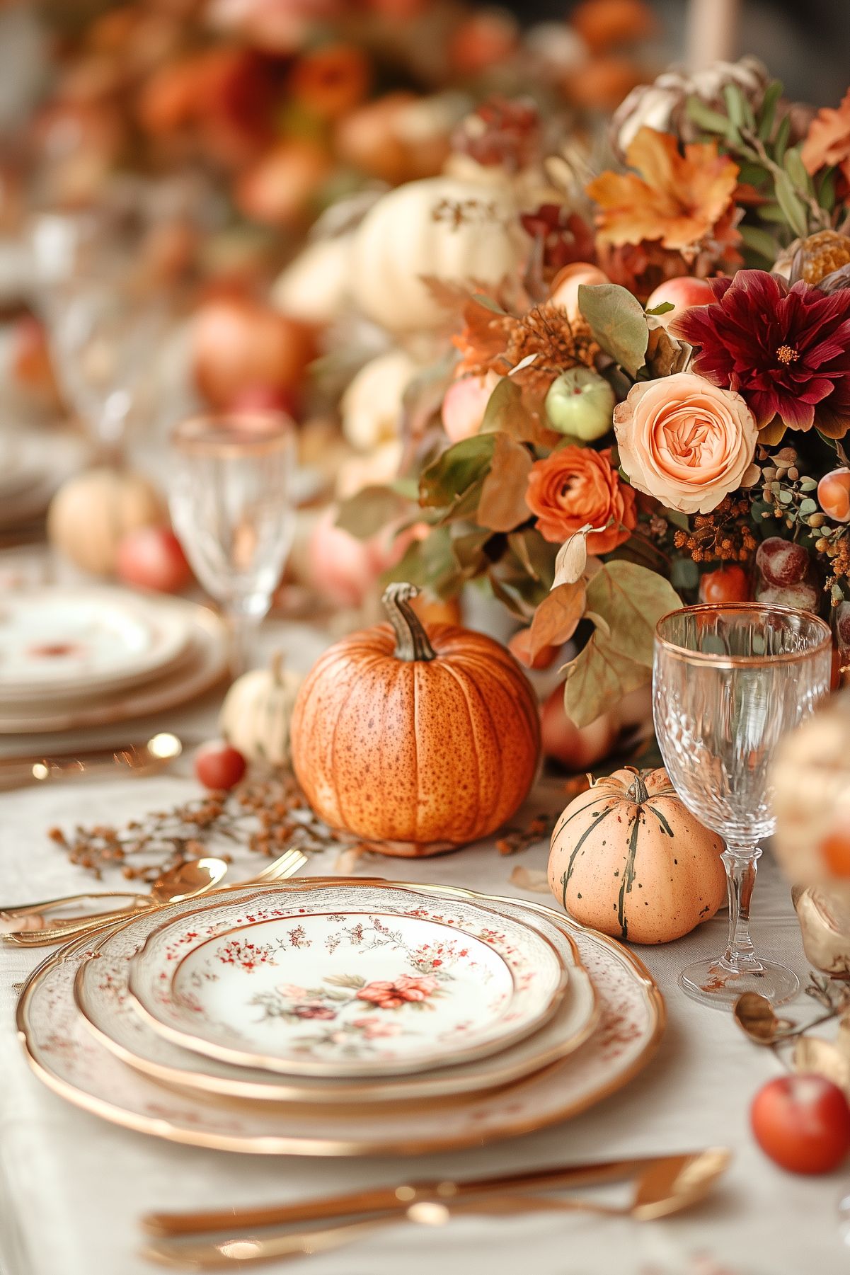 A table set in a Fall theme with pumpkins and flowers.