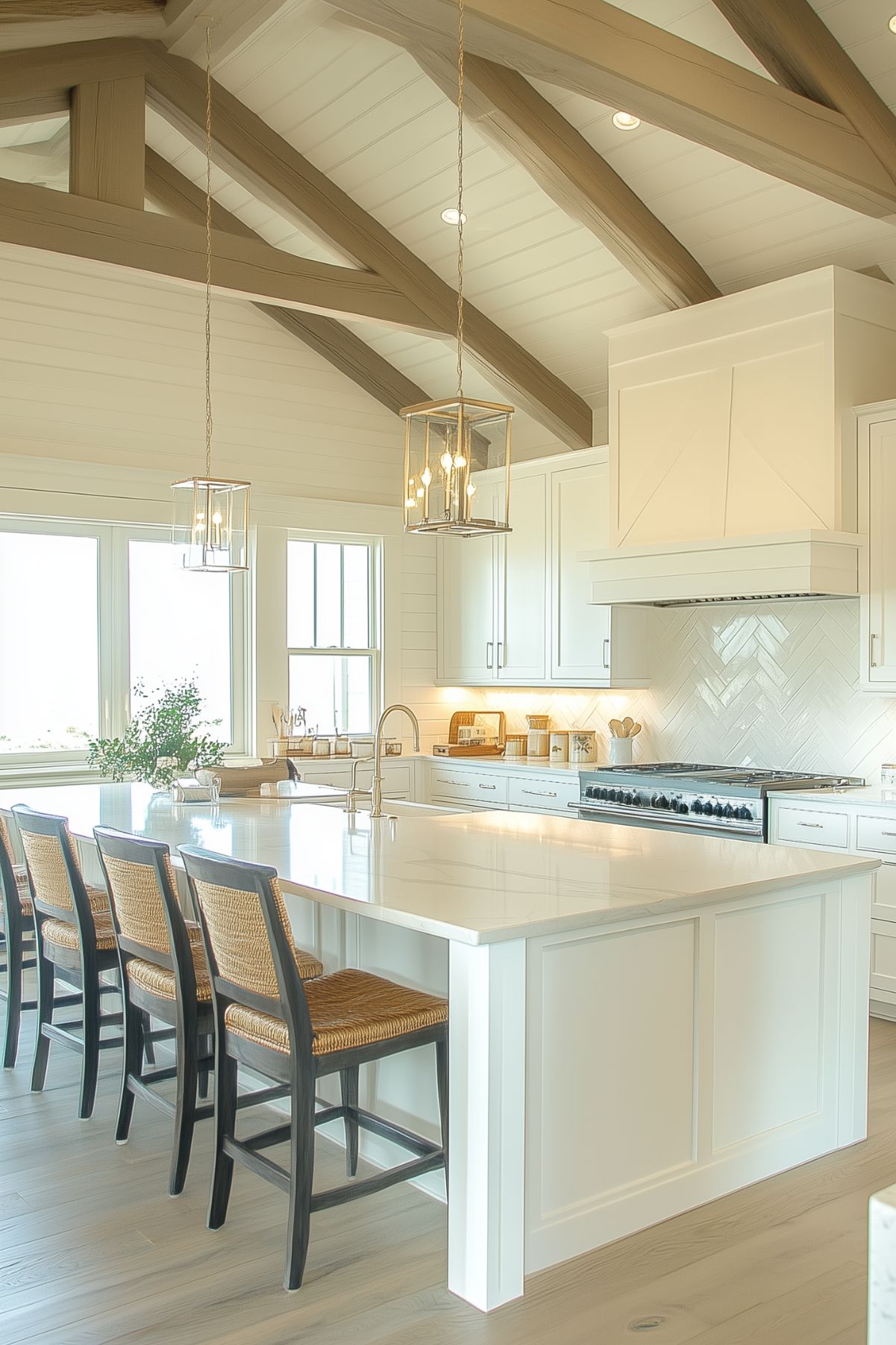 A spacious coastal cottage kitchen with vaulted ceilings featuring exposed wooden beams. The kitchen includes a large white island with a marble countertop, surrounded by wicker bar stools, and elegant pendant lights hanging above. The white cabinetry and herringbone backsplash add a touch of sophistication, creating a bright and airy space.