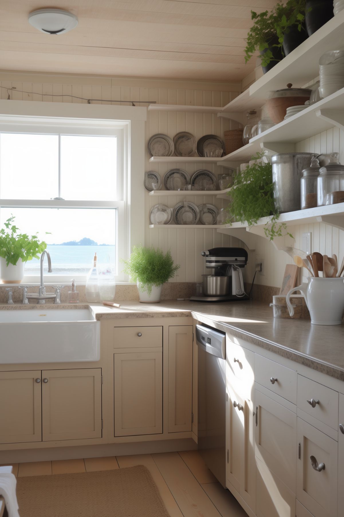 A cozy coastal cottage kitchen with cream-colored cabinetry, open shelving, and a farmhouse sink. The kitchen is filled with natural light from a large window overlooking the sea. Green potted plants and neatly stacked dishes create a serene, natural ambiance.