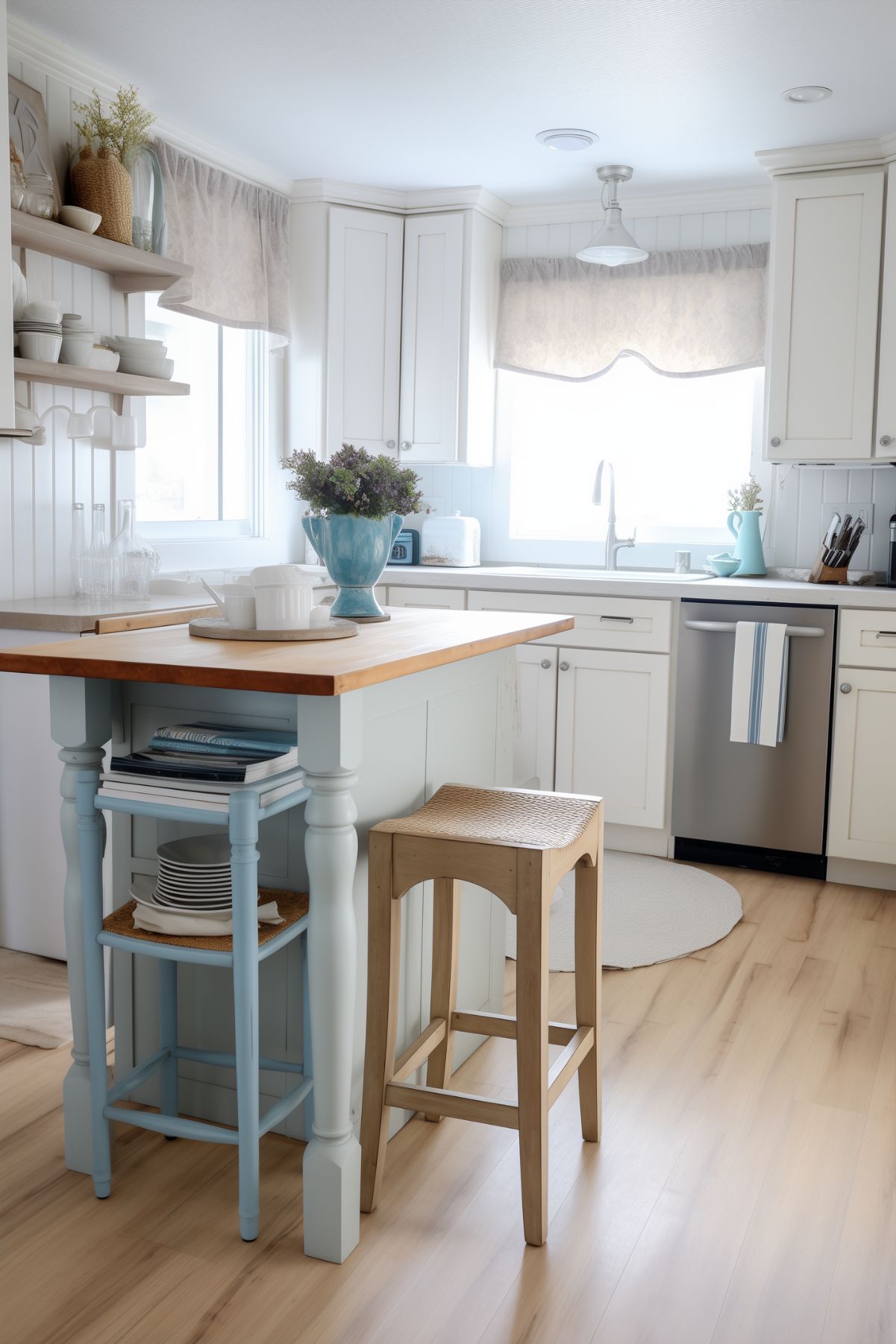 A bright coastal cottage kitchen with white cabinetry, light blue accents, and a central island with a wooden countertop. The kitchen includes open shelves displaying dishes and decor, a farmhouse sink, and a casual, beachy vibe with a woven bar stool.