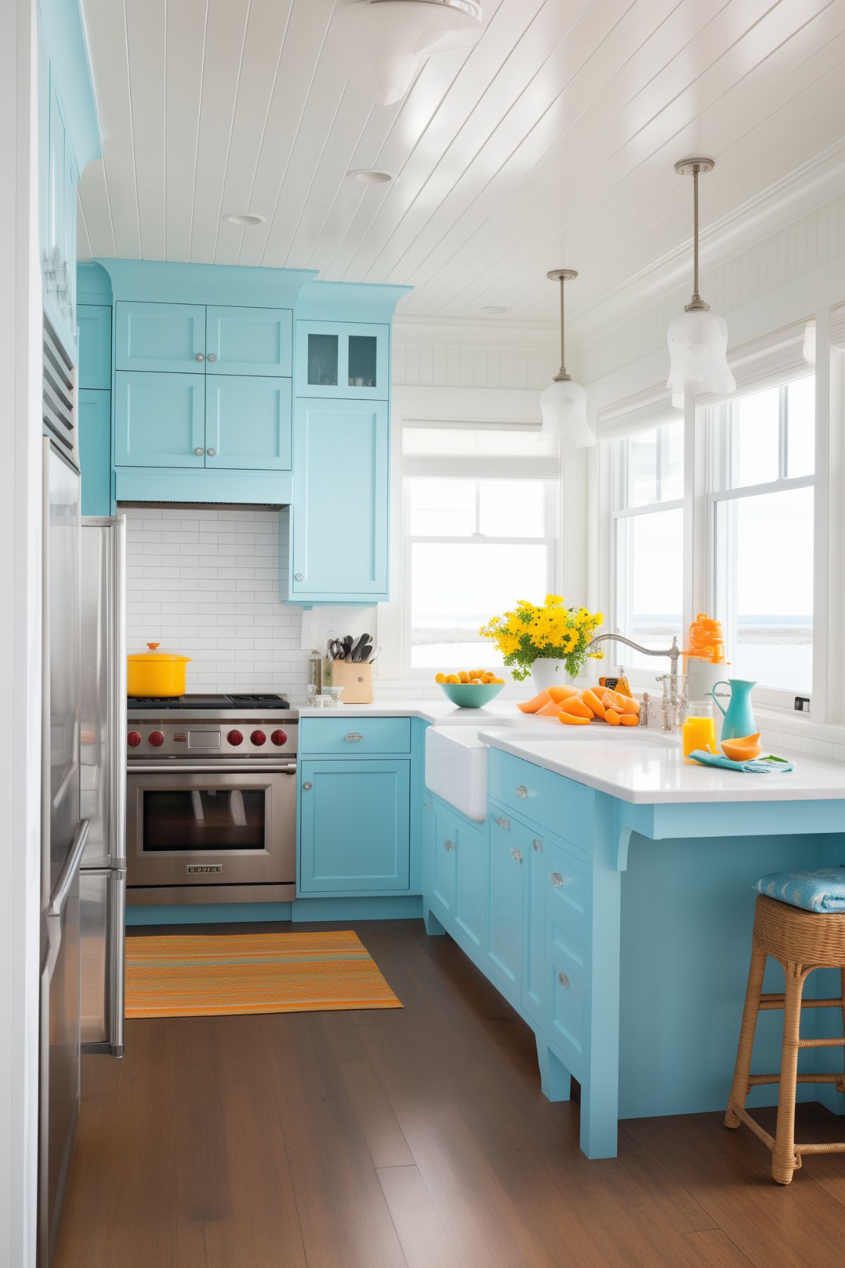 A vibrant coastal cottage kitchen with bright turquoise cabinetry, white countertops, and a white shiplap ceiling. The kitchen features stainless steel appliances, a farmhouse sink, and large windows with a view of the sea. Yellow flowers and citrus fruits add a pop of color.