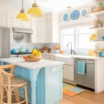 A coastal cottage kitchen with a cheerful color scheme, featuring light blue cabinetry, white countertops, and yellow pendant lights. The kitchen is decorated with blue and white dishes on open shelves, and a basket of fresh produce on the central island.