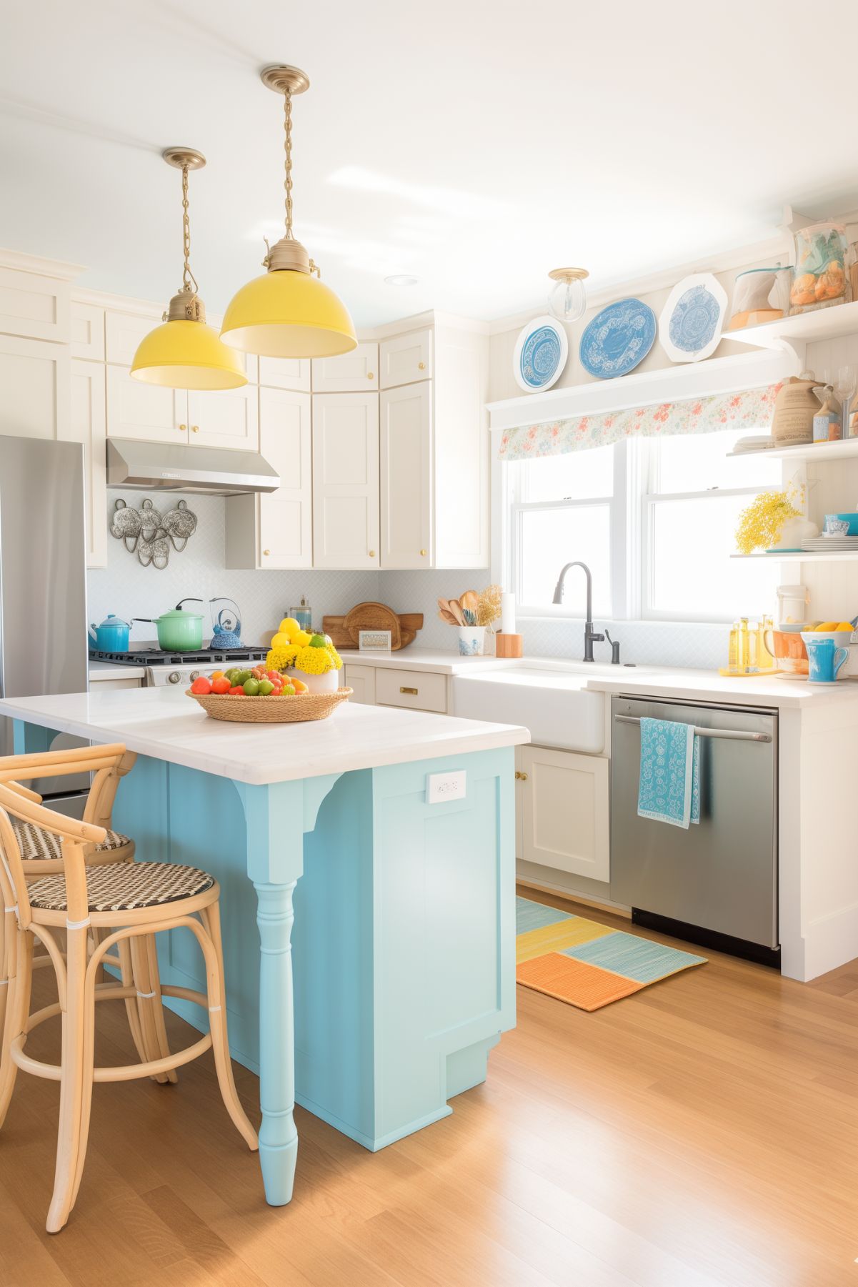 A coastal cottage kitchen with a cheerful color scheme, featuring light blue cabinetry, white countertops, and yellow pendant lights. The kitchen is decorated with blue and white dishes on open shelves, and a basket of fresh produce on the central island.