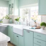 A charming coastal cottage kitchen with mint green cabinetry, white countertops, and a farmhouse sink. The kitchen is bright and airy, with sunlight streaming through large windows. Simple decor includes fresh flowers and pastel-colored accessories.