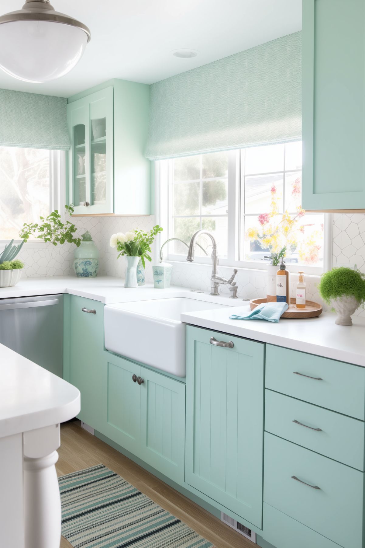 A charming coastal cottage kitchen with mint green cabinetry, white countertops, and a farmhouse sink. The kitchen is bright and airy, with sunlight streaming through large windows. Simple decor includes fresh flowers and pastel-colored accessories.