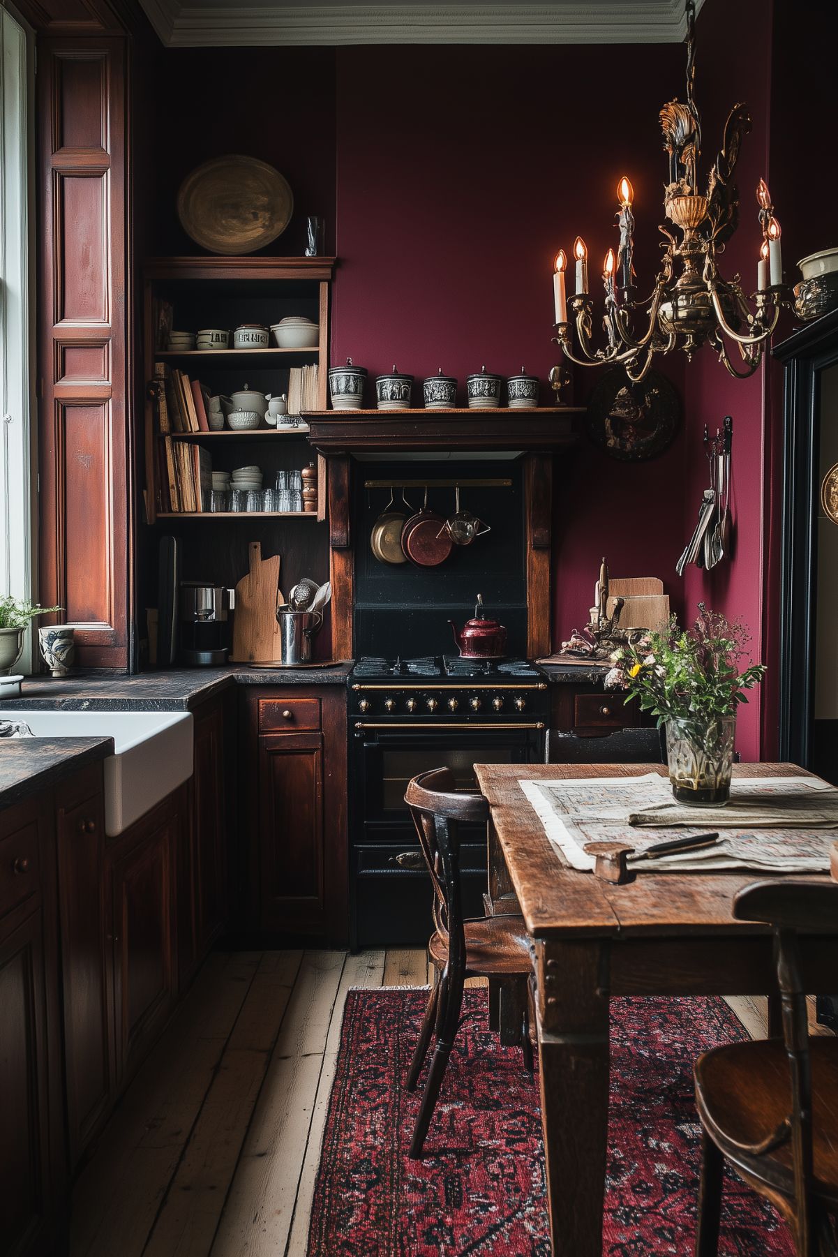  A cozy kitchen with dark wood cabinetry, deep burgundy walls, and an ornate brass chandelier. The space features vintage kitchenware and a farmhouse sink, exuding a rich, warm ambiance with a classic Dark Academia aesthetic.