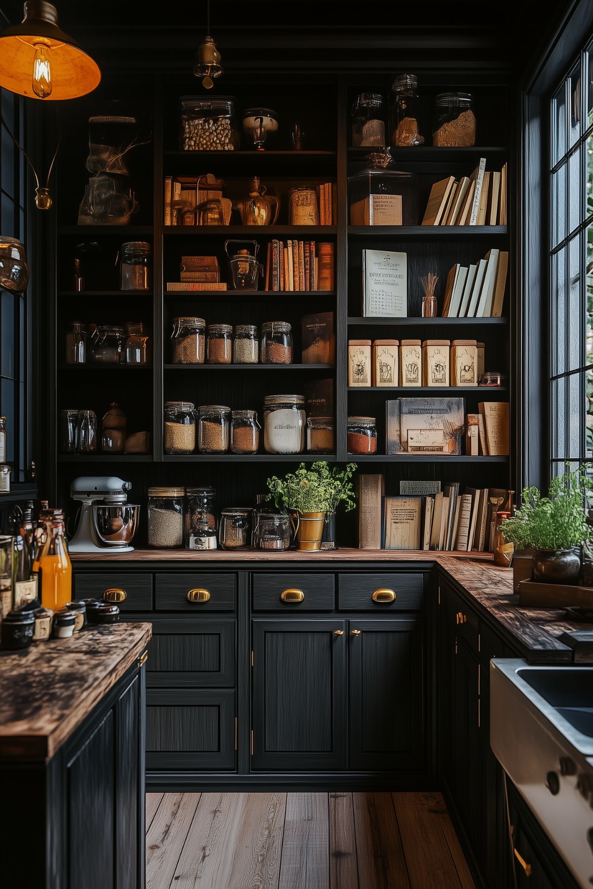 A well-organized kitchen pantry with dark wood cabinets and open shelves filled with jars of dry goods and books. The golden hardware and warm lighting add a touch of elegance to the Dark Academia-inspired space.