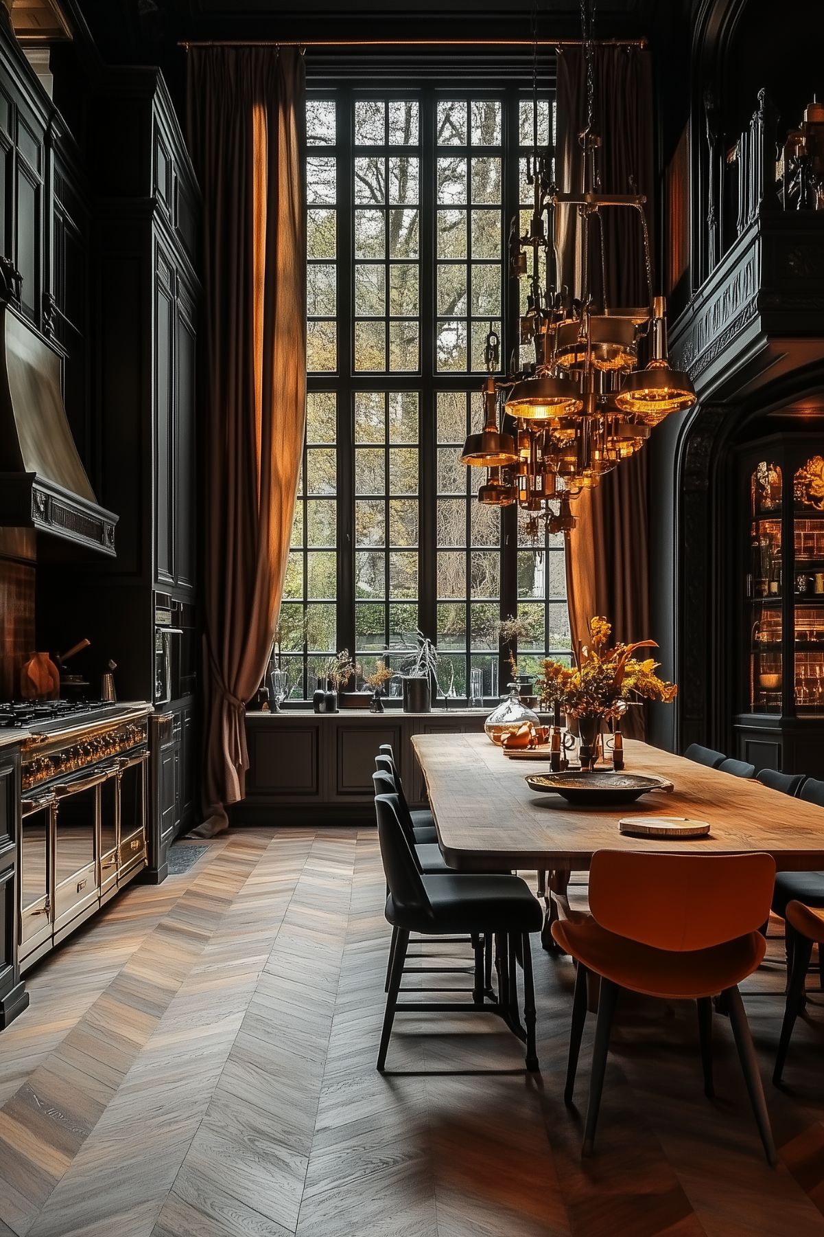 A grand kitchen with floor-to-ceiling windows, dark cabinetry, and a large wooden dining table. The space is illuminated by an elaborate chandelier, with soft drapery framing the windows, creating a luxurious yet scholarly ambiance.