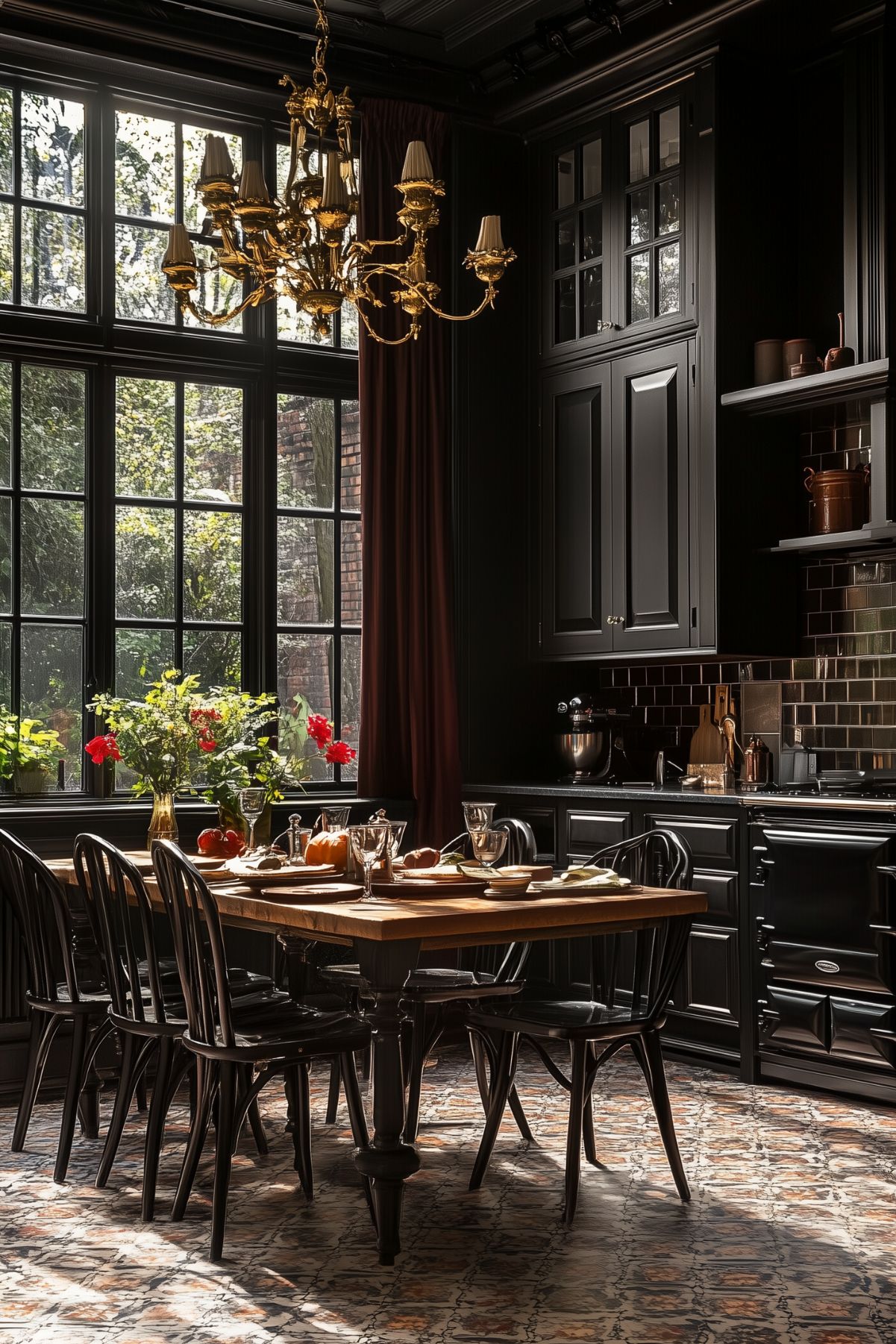 A sophisticated kitchen with black cabinetry, a wooden dining table set for a meal, and a grand chandelier. The large windows allow natural light to flood in, highlighting the floral arrangement and rich decor, creating a luxurious Dark Academia aesthetic.