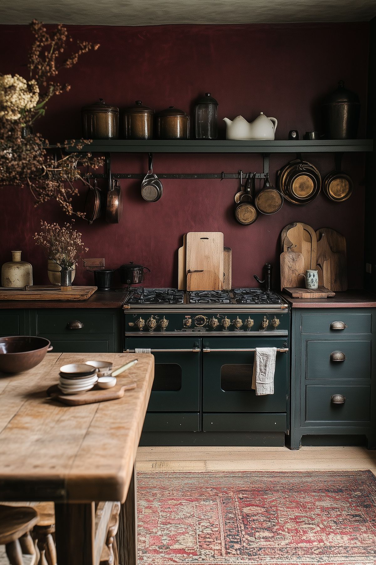 A rustic kitchen featuring deep green cabinetry, a vintage stove, and a burgundy wall adorned with copper pots. The wooden surfaces and earthy tones create a cozy, old-world feel, perfect for a Dark Academia aesthetic.