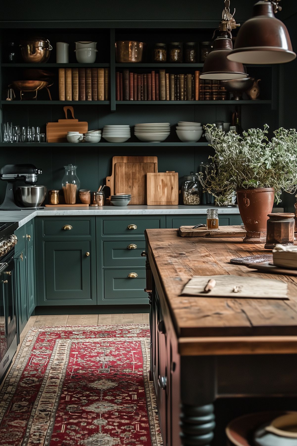 A kitchen with deep green cabinets, wooden countertops, and open shelving displaying books and cookware. The space is complemented by a red patterned rug and a large potted herb, giving it a warm and inviting Dark Academia vibe.