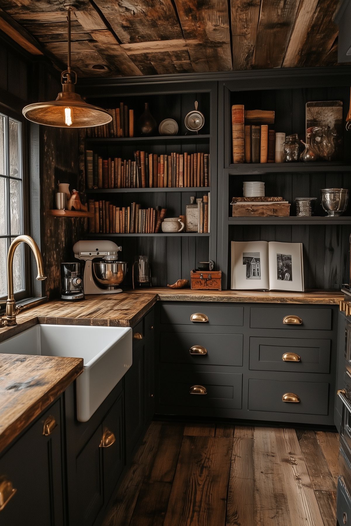 A small kitchen with dark cabinetry, wooden countertops, and open shelves filled with books and vintage decor. The farmhouse sink and rustic lighting add to the cozy, scholarly feel of the space, embodying the Dark Academia style.