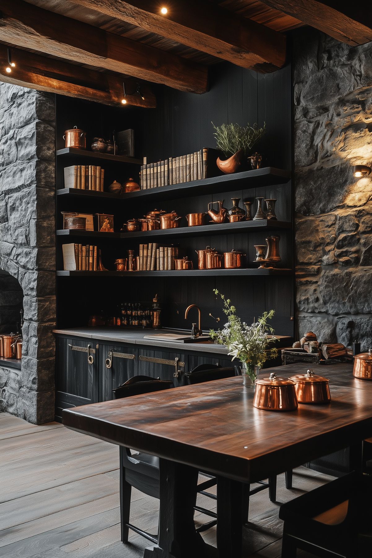 A kitchen with dark stone walls, exposed wooden beams, and open shelving displaying copper cookware and books. The rustic wooden table and warm lighting add to the rich, moody ambiance of this Dark Academia-inspired space.