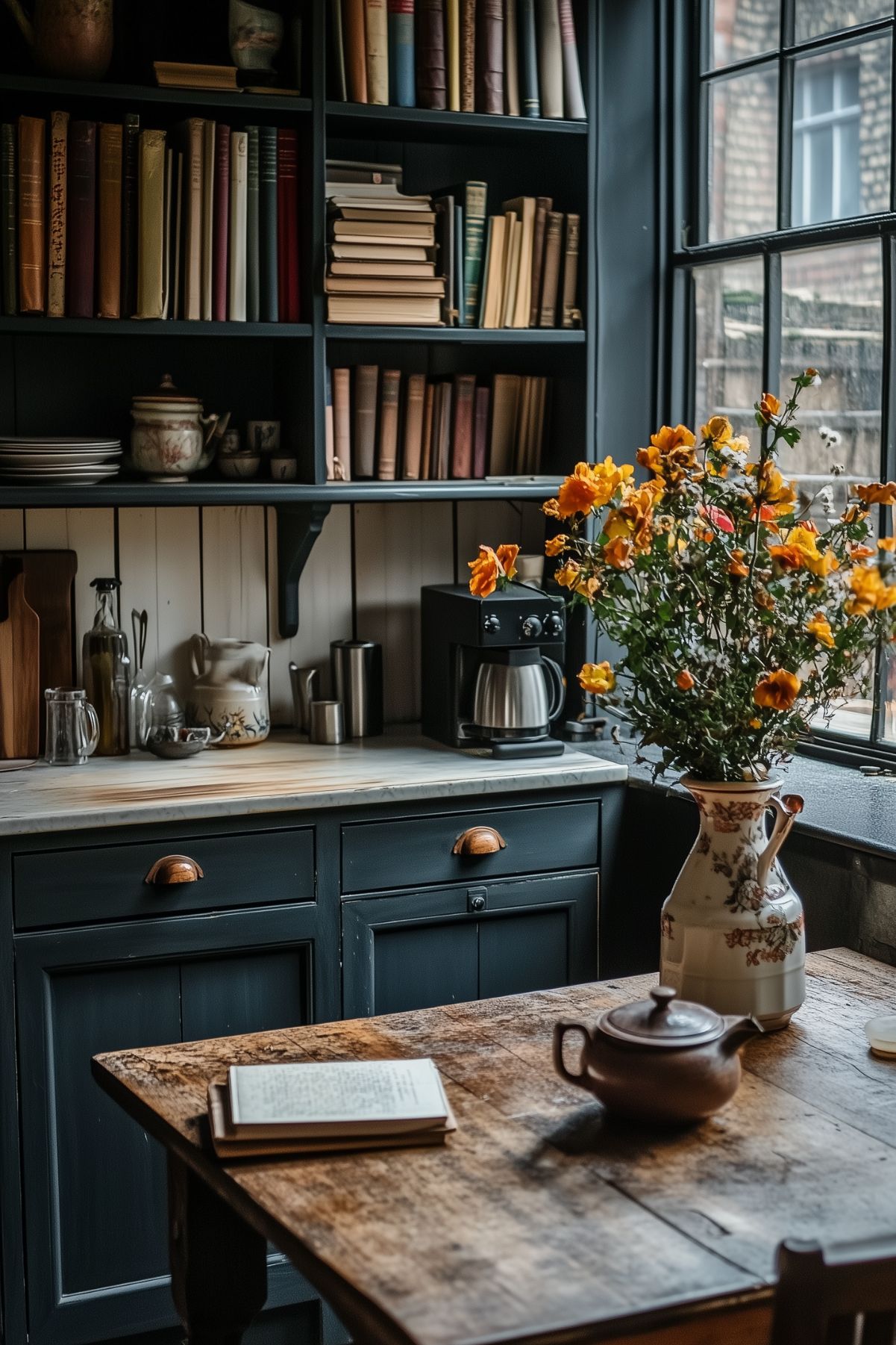 A charming kitchen with dark blue cabinets, shelves filled with books, and a bouquet of vibrant yellow flowers on a wooden table. The scene is softly lit by natural light, giving it a scholarly and inviting atmosphere.